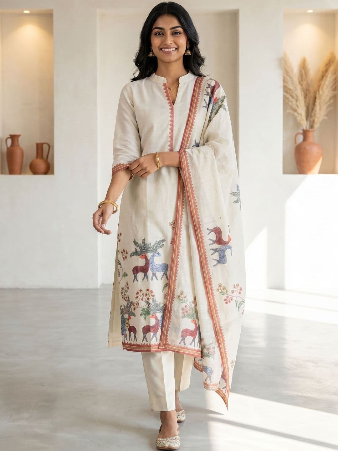 AANVI Women Ethnic Motifs Printed Regular Linen Kurta with Trousers & With Dupatta - view 1