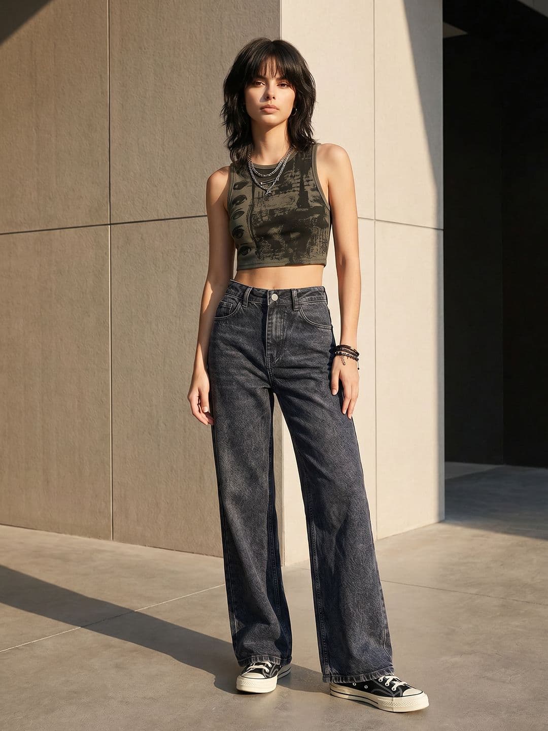 The Roadster Life Co. Women Wide Leg Mid-Rise Heavy Fade Cotton Jeans - view 1