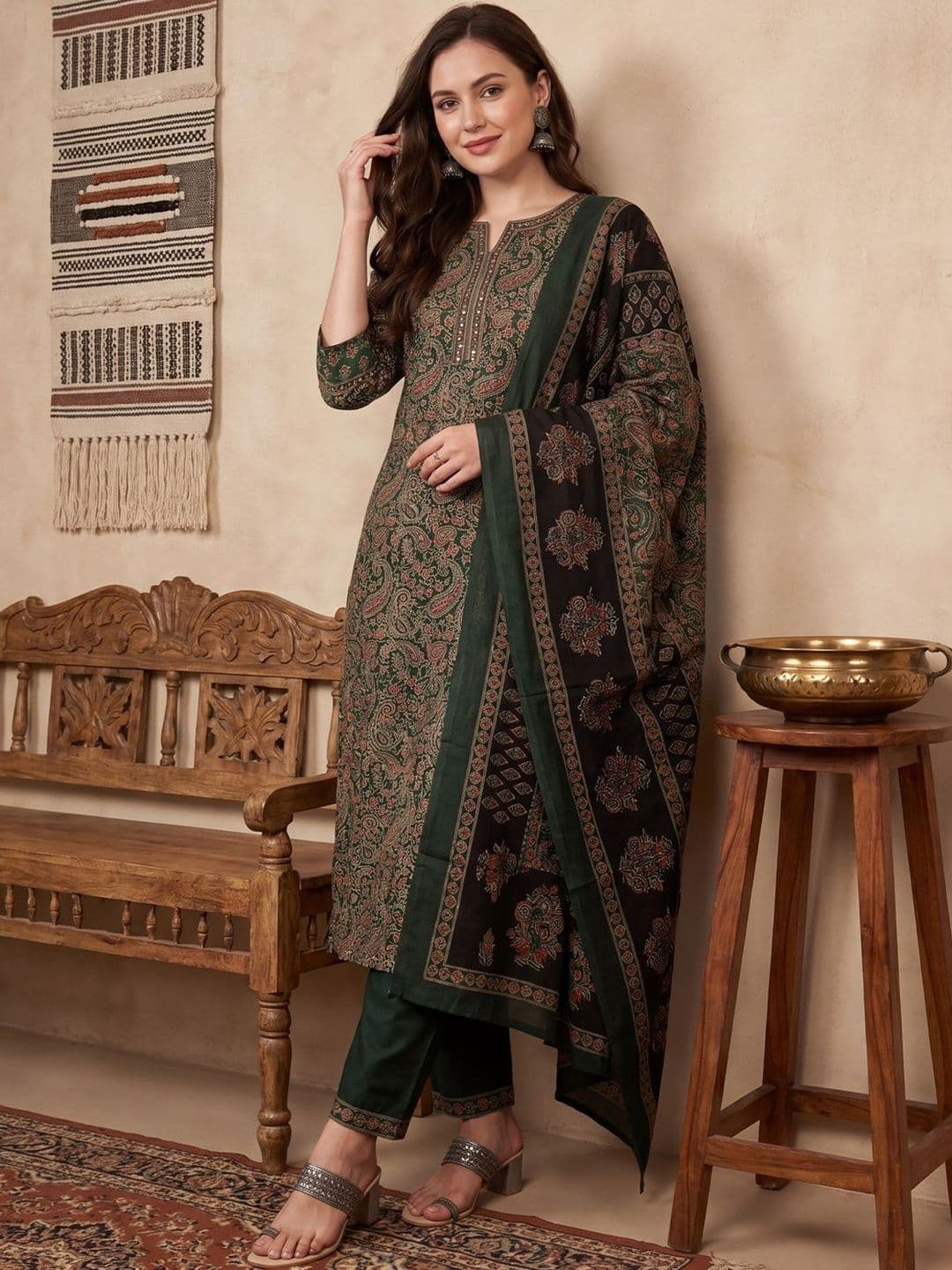 Indo Era Women Ethnic Motifs Printed Regular Thread Work Pure Cotton Kurta with Trousers & With Dupatta - view 1