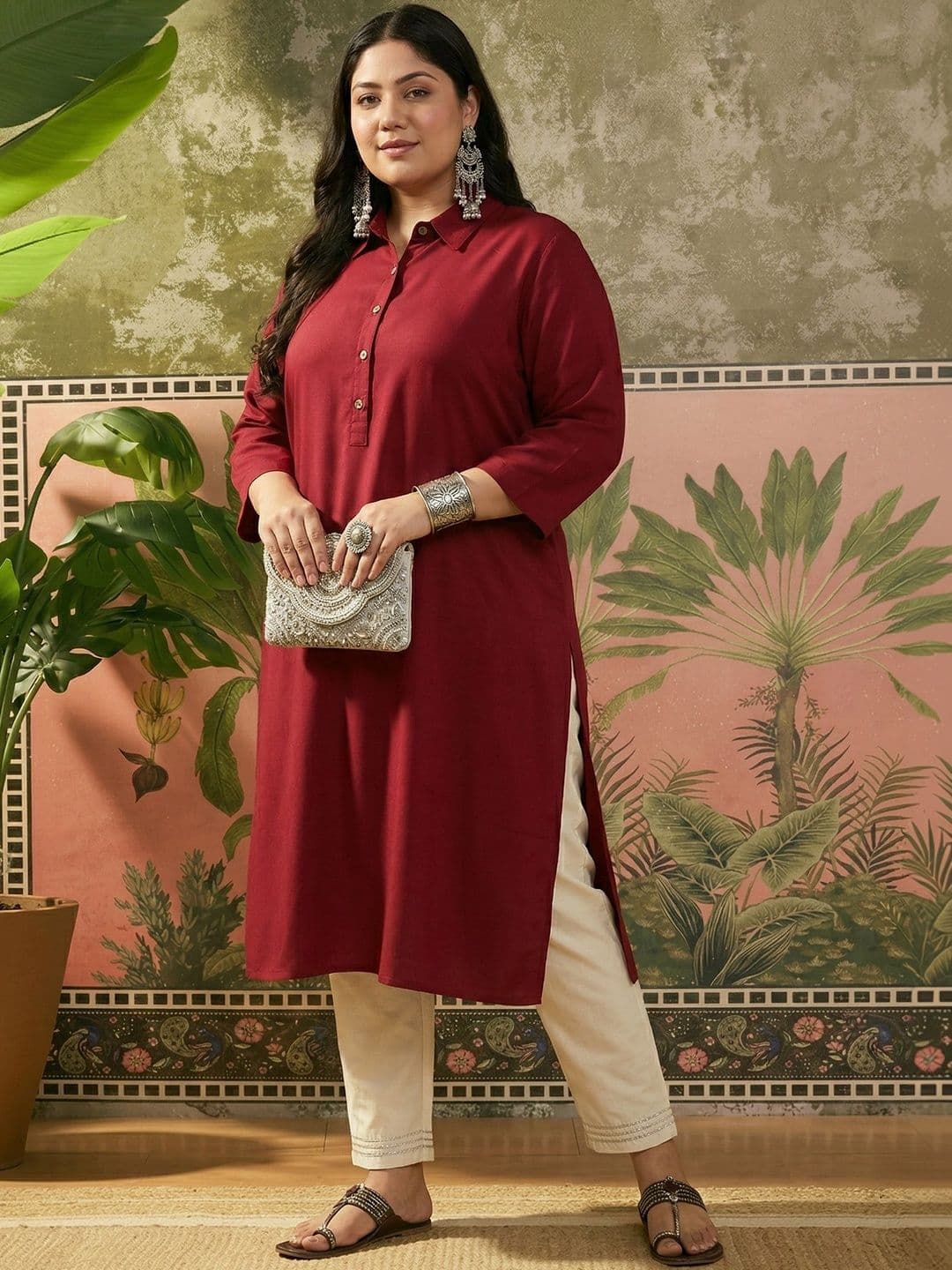 Sangria Mandarin Collar Calf Length Straight Kurta - view 1