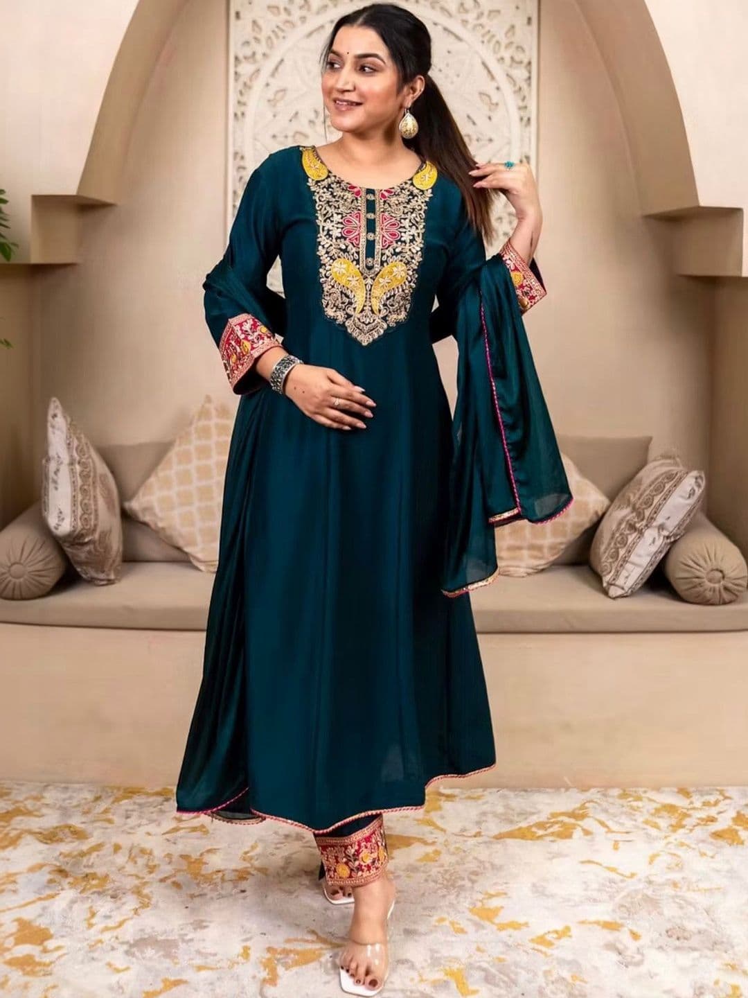 DRESSIFY Embroidered Round Neck Thread Work Chinon Anarkali Kurta with Palazzos & Dupatta - view 1