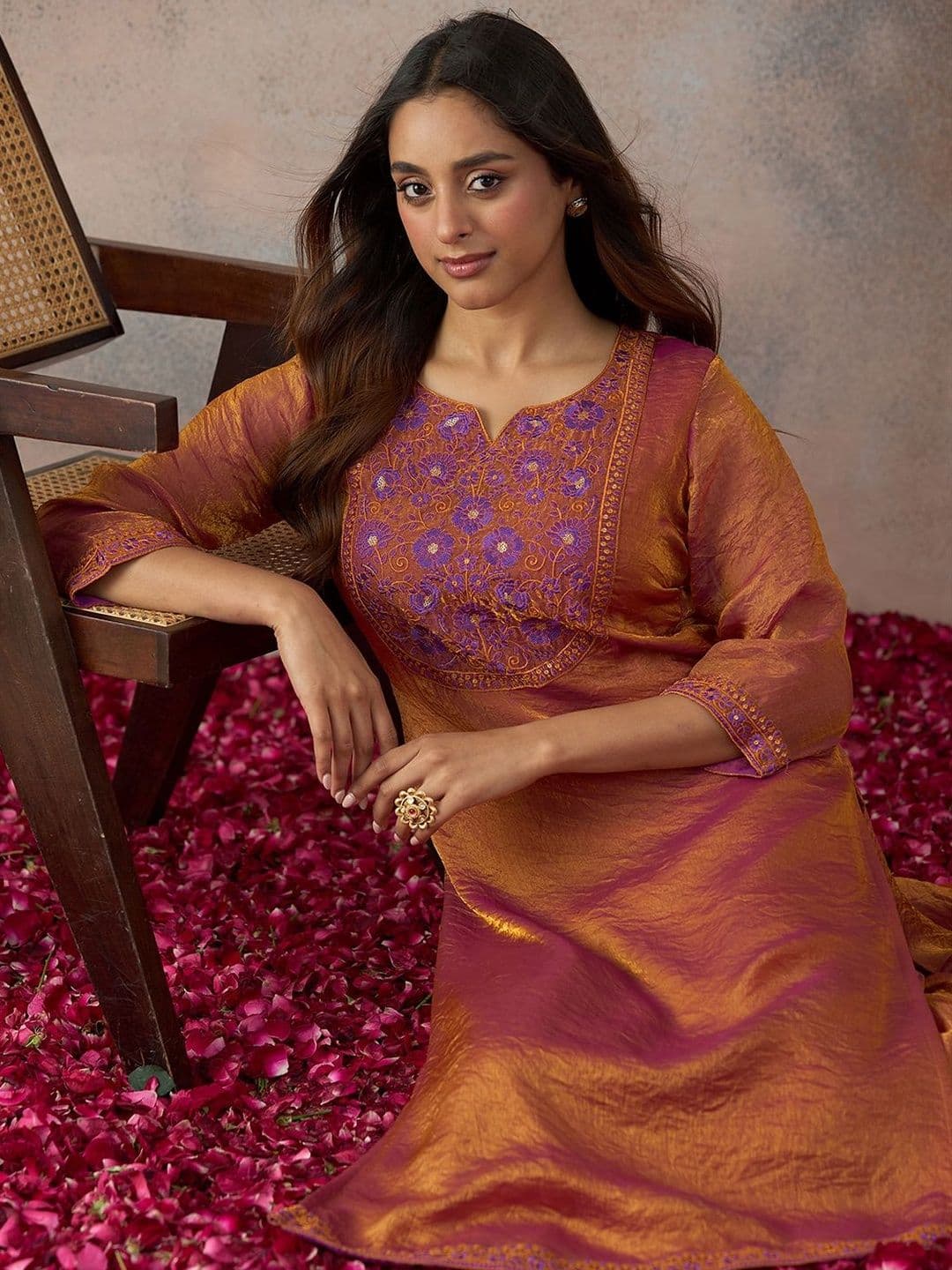 NAVYAAZRI Rust Thread Embroidered Kurta with Palazzo Set - view 1