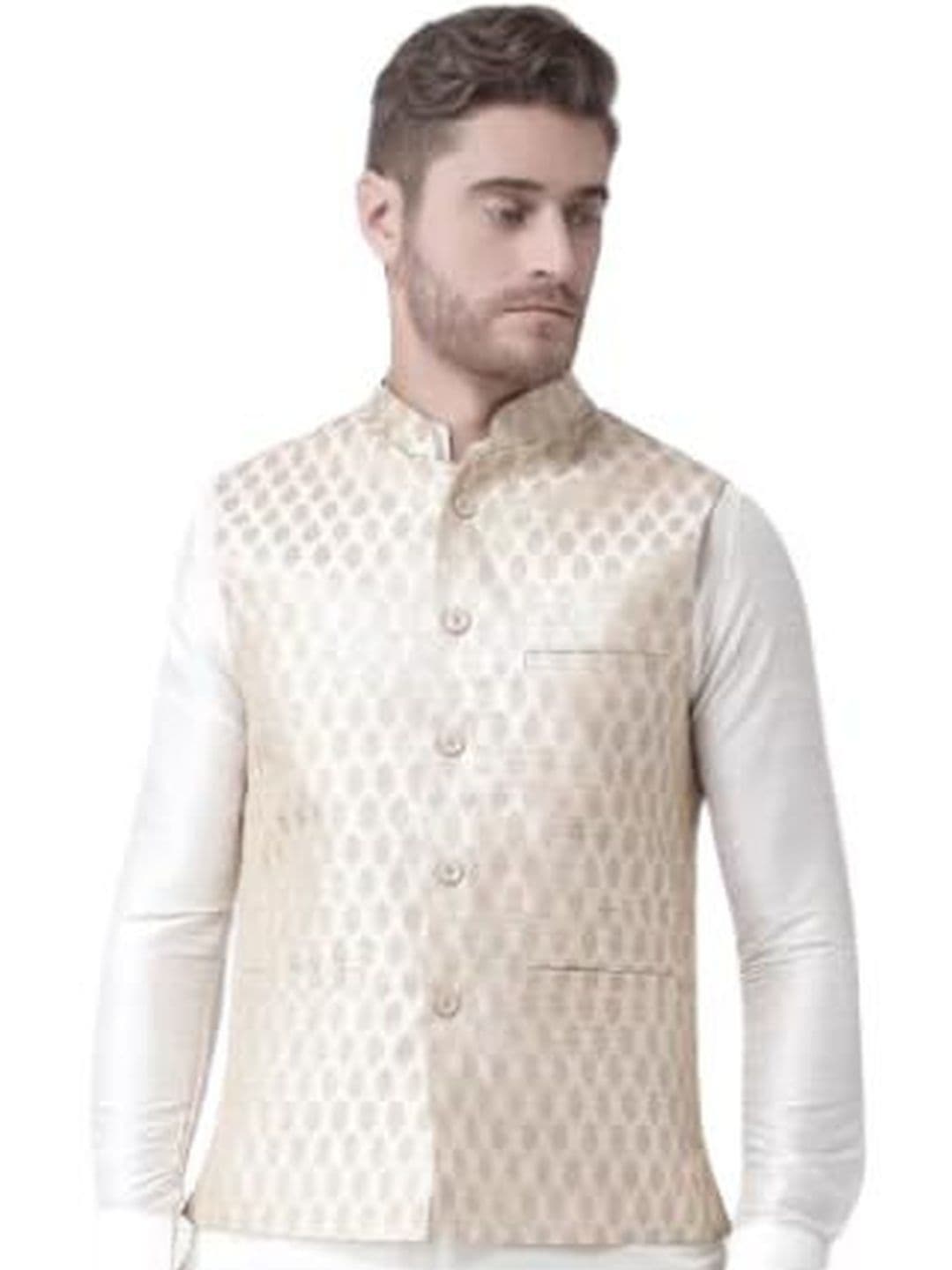 KUTUB FASHION Men Printed Mandarin Collar Woven Nehru Jackets - view 1