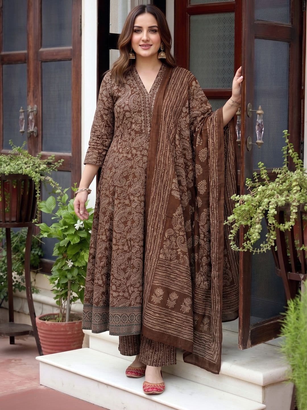 GoSriKi Women Ethnic Motifs Printed Tiered Kurta with Trousers & With Dupatta - view 1