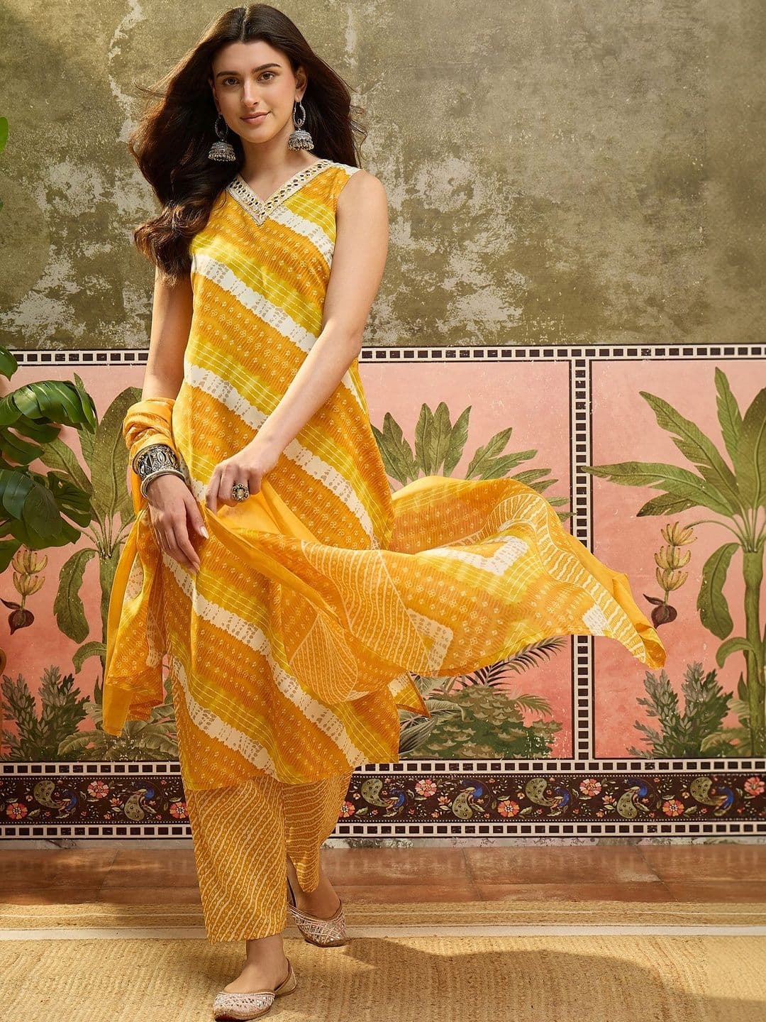 Sangria Printed Pure Cotton V-Neck Kurta & Trousers With Dupatta - view 1