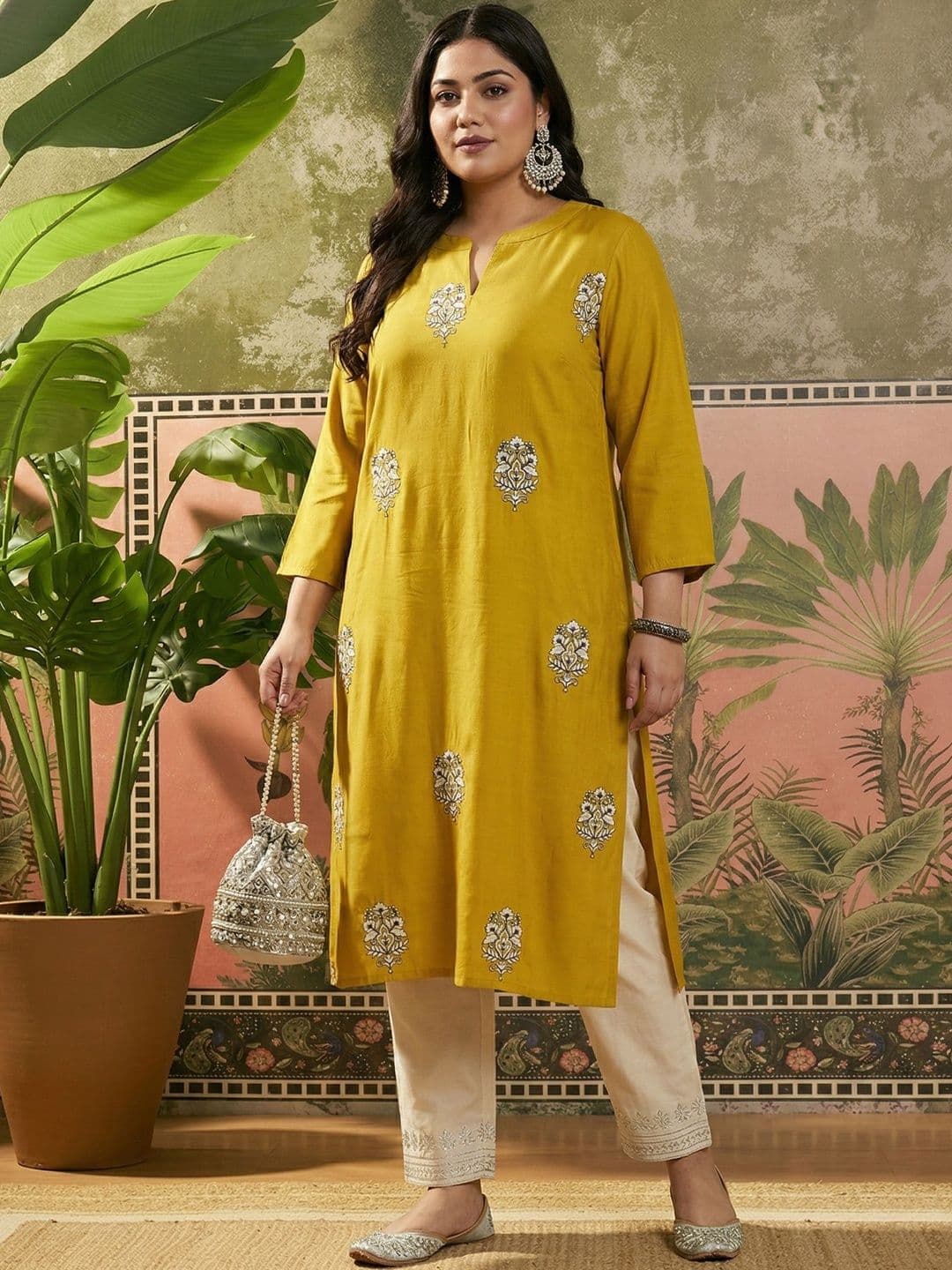 Sangria Embroidered Viscose Rayon Mandarin Collar Calf Length Straight Kurtas - view 1