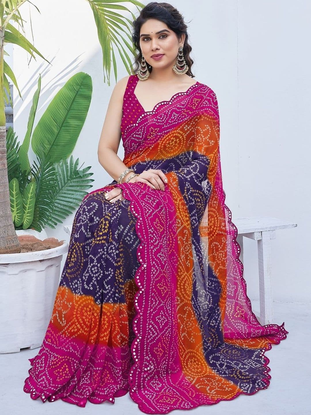 Subham Bandhani Mirror Work Poly Georgette Bandhani Saree - view 1