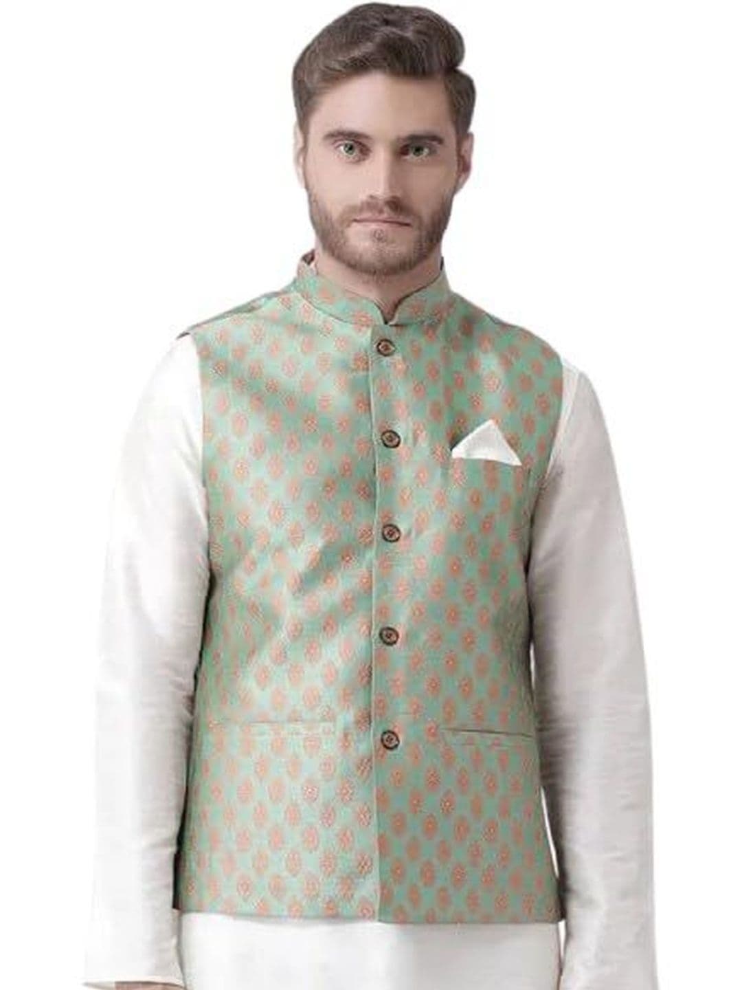 KUTUB FASHION Men Printed Mandarin Collar Woven Nehru Jackets - view 1