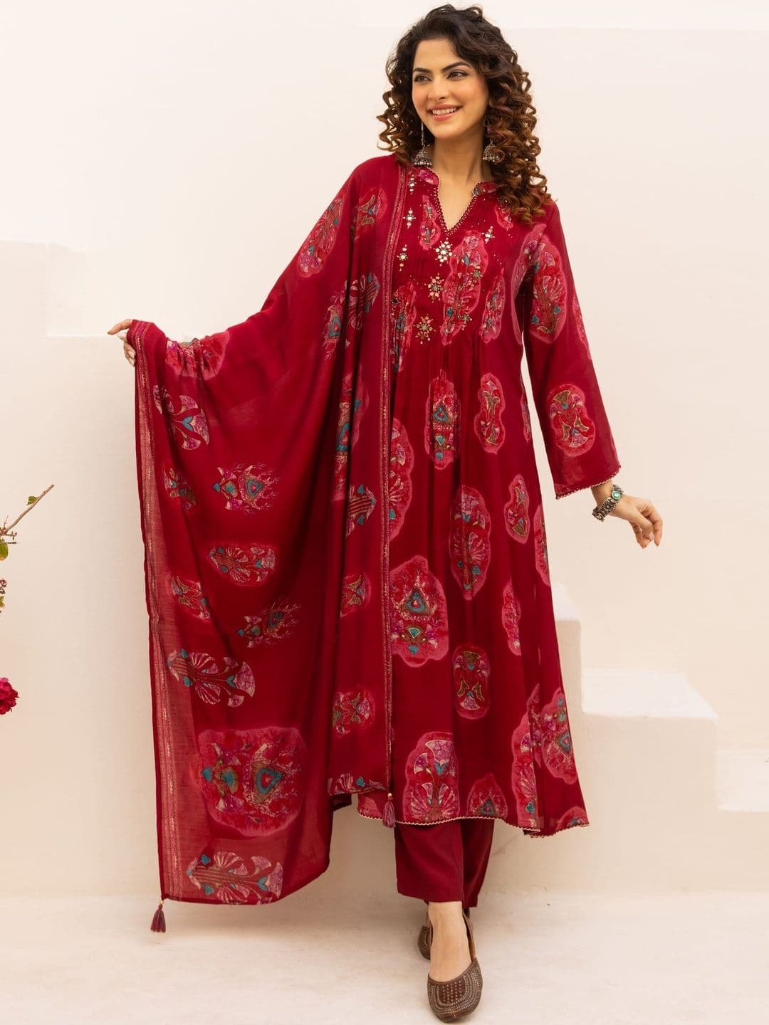 HERE&NOW Women Ethnic Motifs Printed Regular Sequinned Chanderi Cotton Kurta with Trousers & With Dupatta - view 1