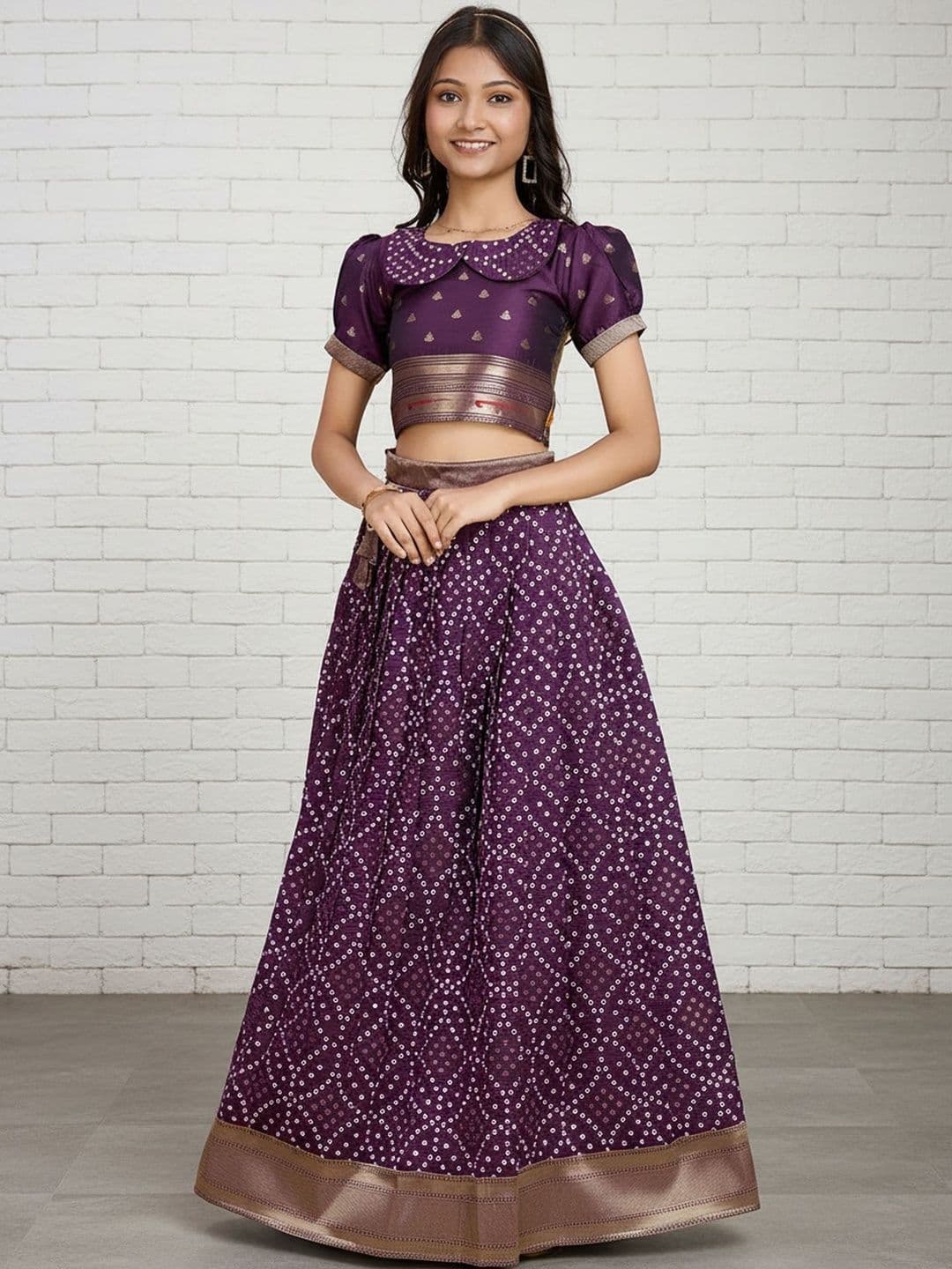 KALANANDI Girls Embellished Round Neck Silk Ready to Wear Lehenga & - view 1