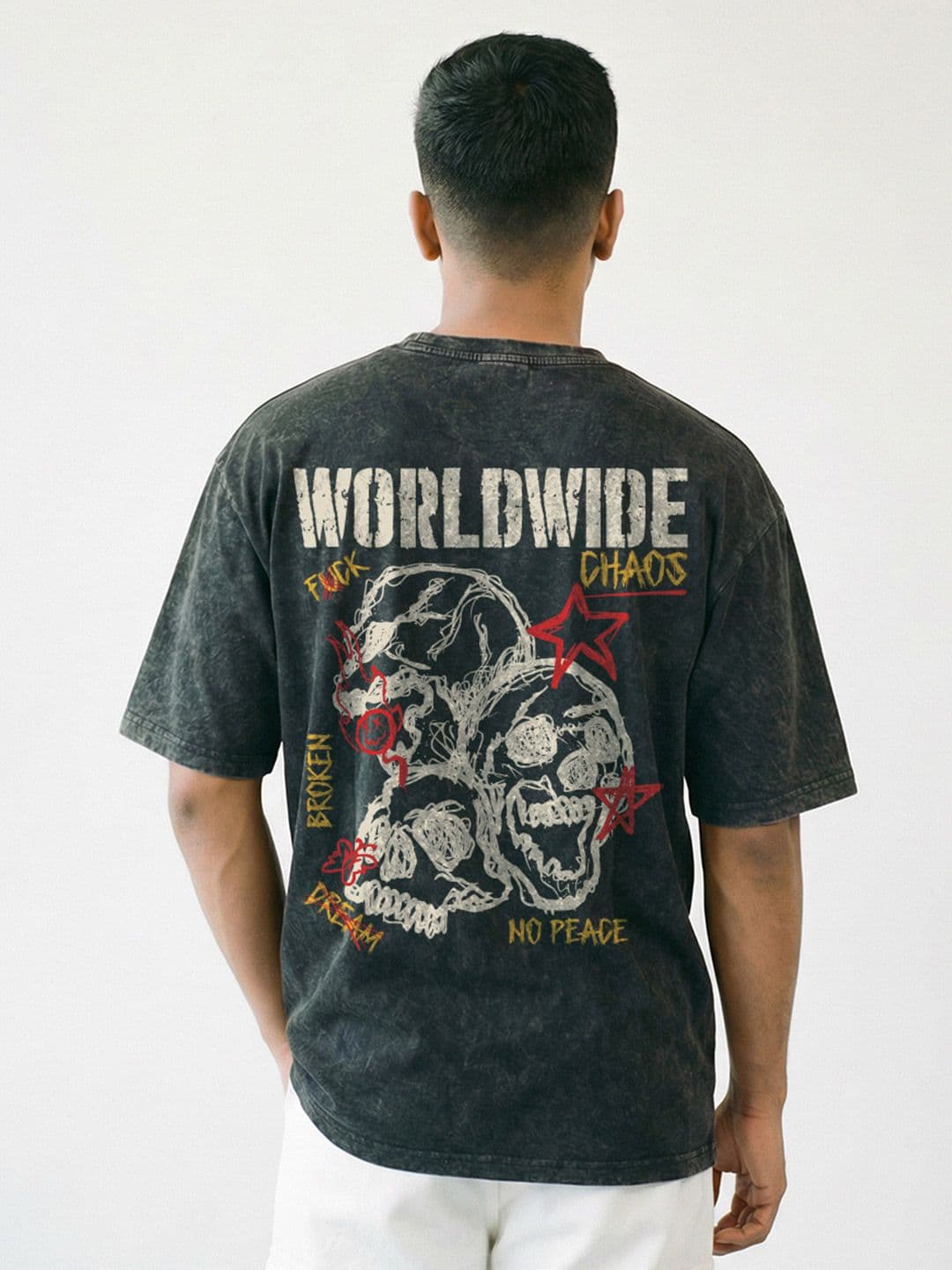 Crazymonk Worldwide Chaos Graphic Printed Short Sleeves Cotton Oversized Acidwash T-shirt - view 1