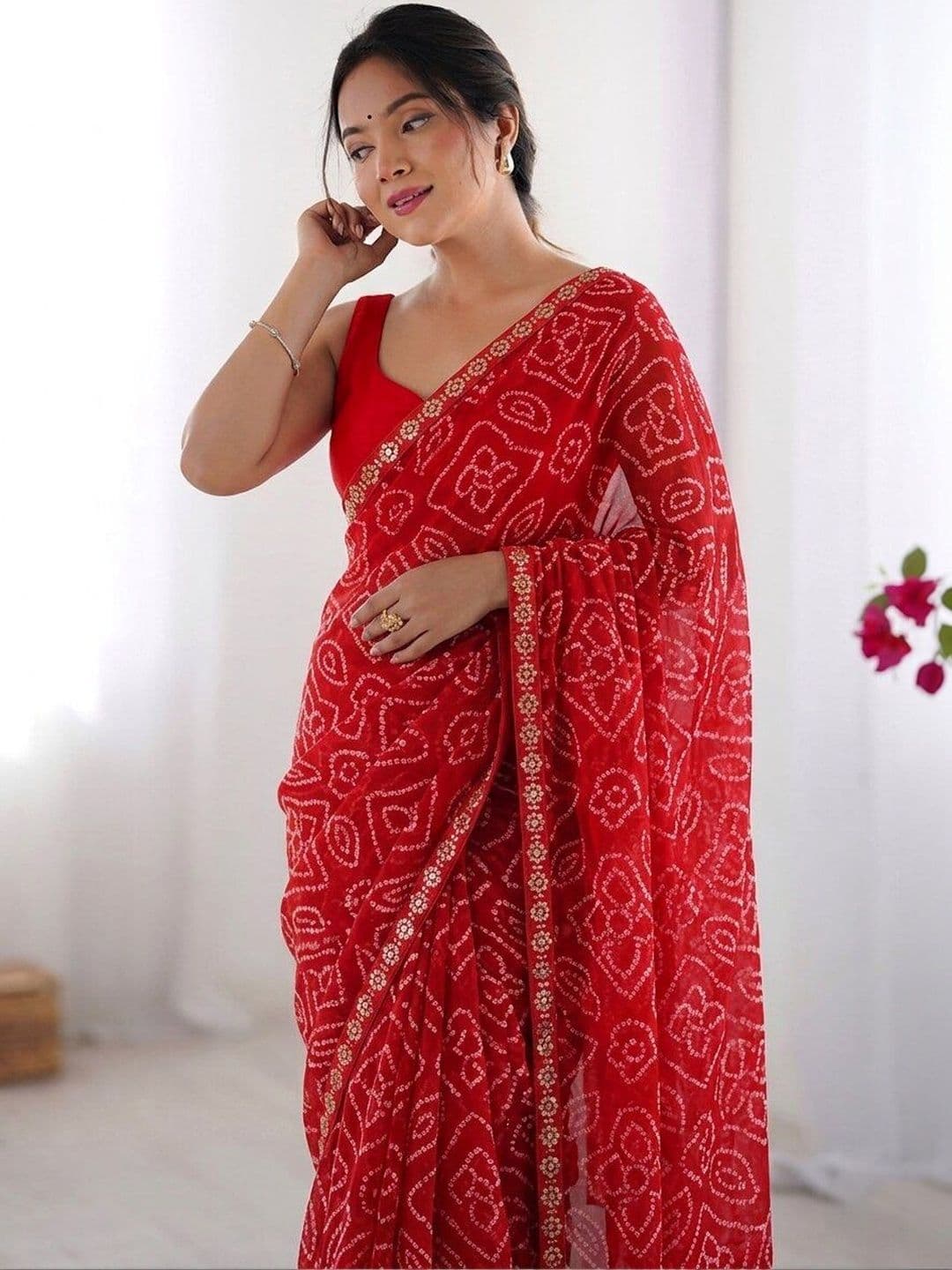 HERE&NOW Bandhani Sequinned Poly Georgette Saree - view 1