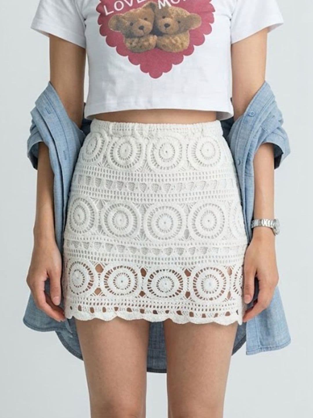 Suo Women Lace Self Design Crochet Mini Straight Skirt - view 1