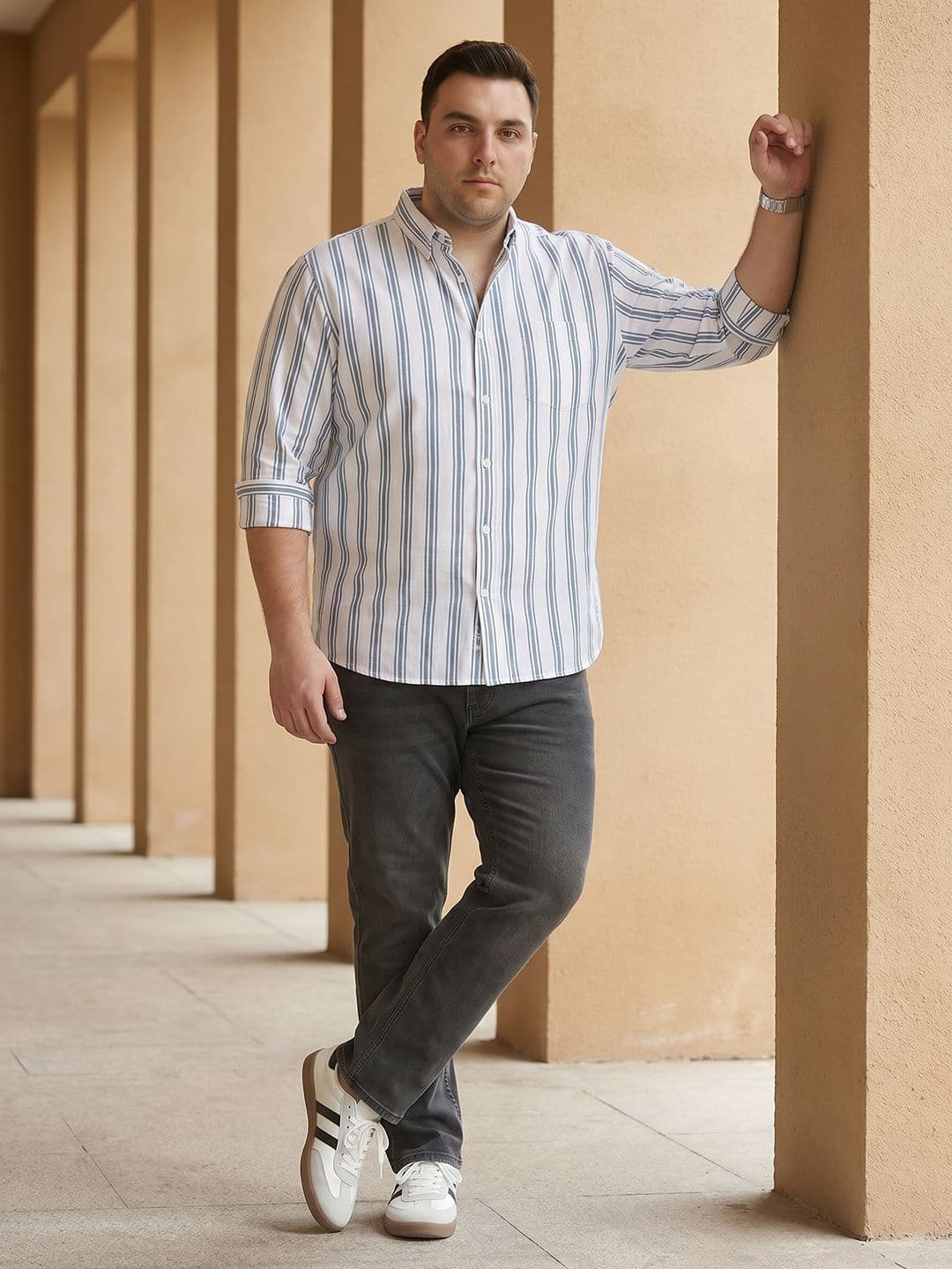 Sztori Plus Size Vertical Striped Pure Cotton Casual Shirt - view 1