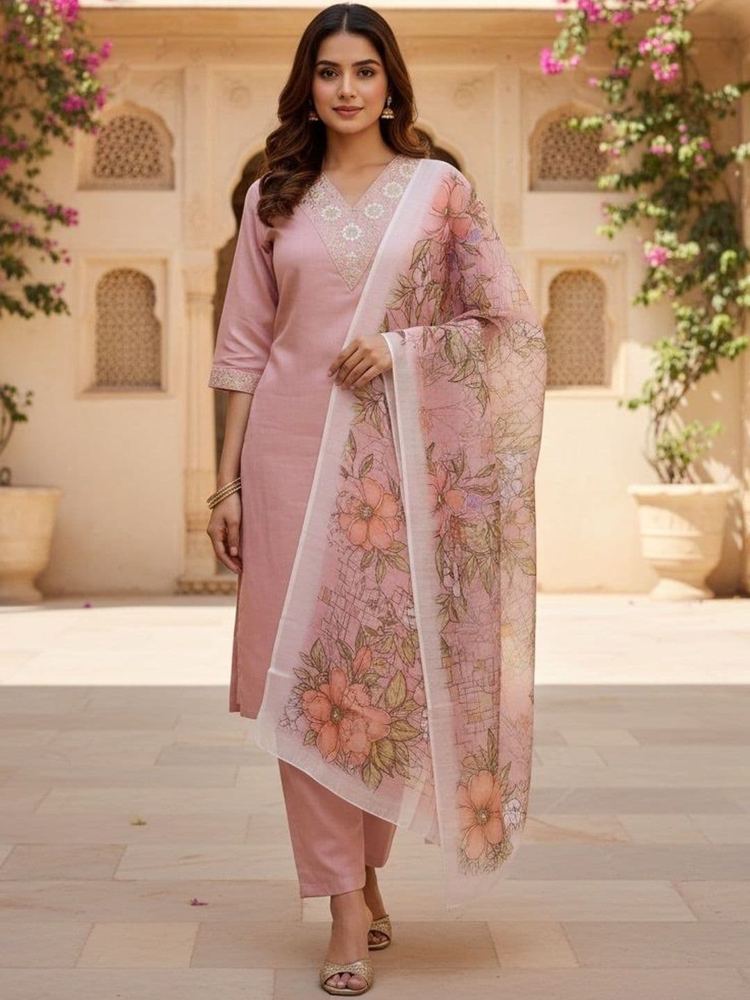 HERE&NOW Women Floral Embroidered Regular Thread Work Kurta with Trousers & With Dupatta - view 1