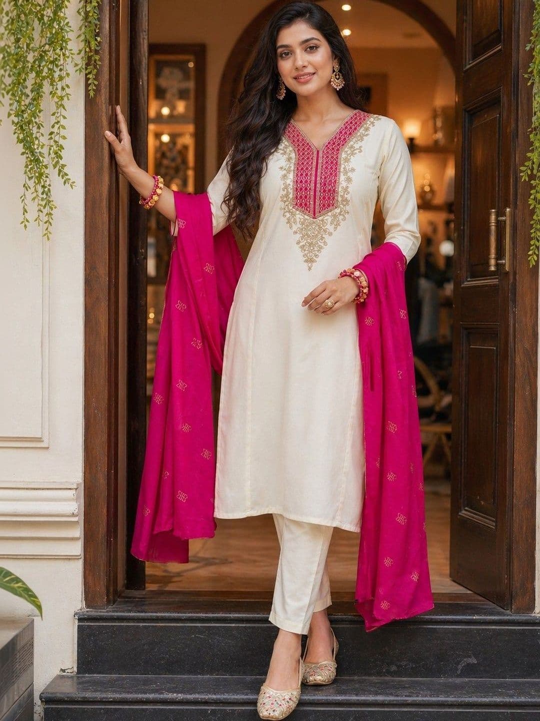SDK FASHION Women Ethnic Motifs Embroidered Regular Thread Work Kurta with Trousers & With Dupatta - view 1
