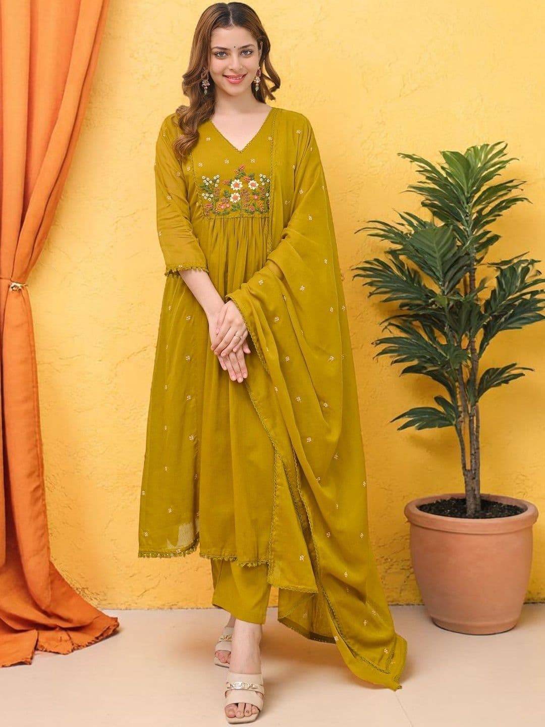 ASPORA Women Floral Embroidered Tiered Thread Work Kurta with Trousers & With Dupatta - view 1