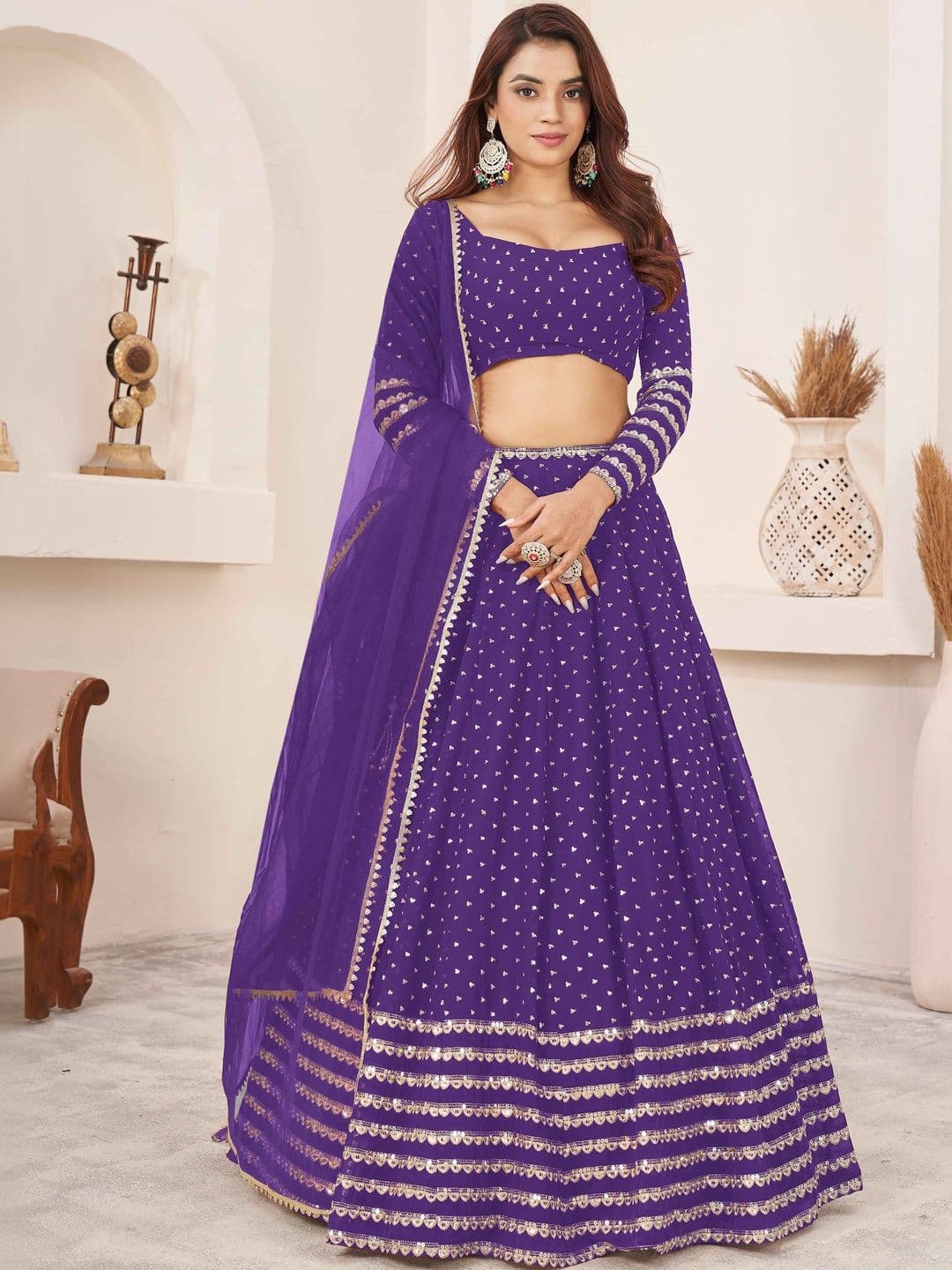 ETHNIC PLUS Embellished Sequinned Semi-Stitched Lehenga & Blouse With Dupatta - view 1