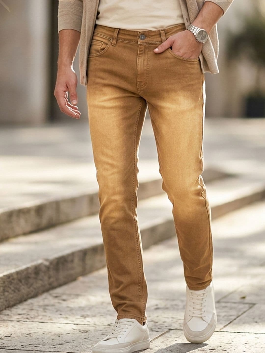 Urbano Fashion Men Khaki Slim Fit Mid-Rise Clean Look Stretchable Jeans - view 1