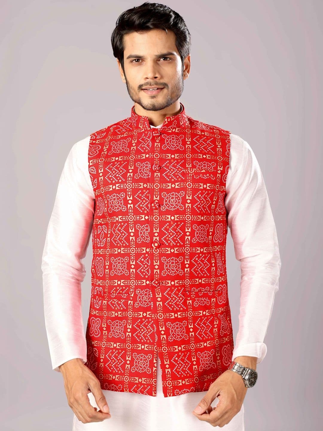 MODERN MUGHALS Printed Mandarin Collar Sleeveless Nehru Jackets - view 1