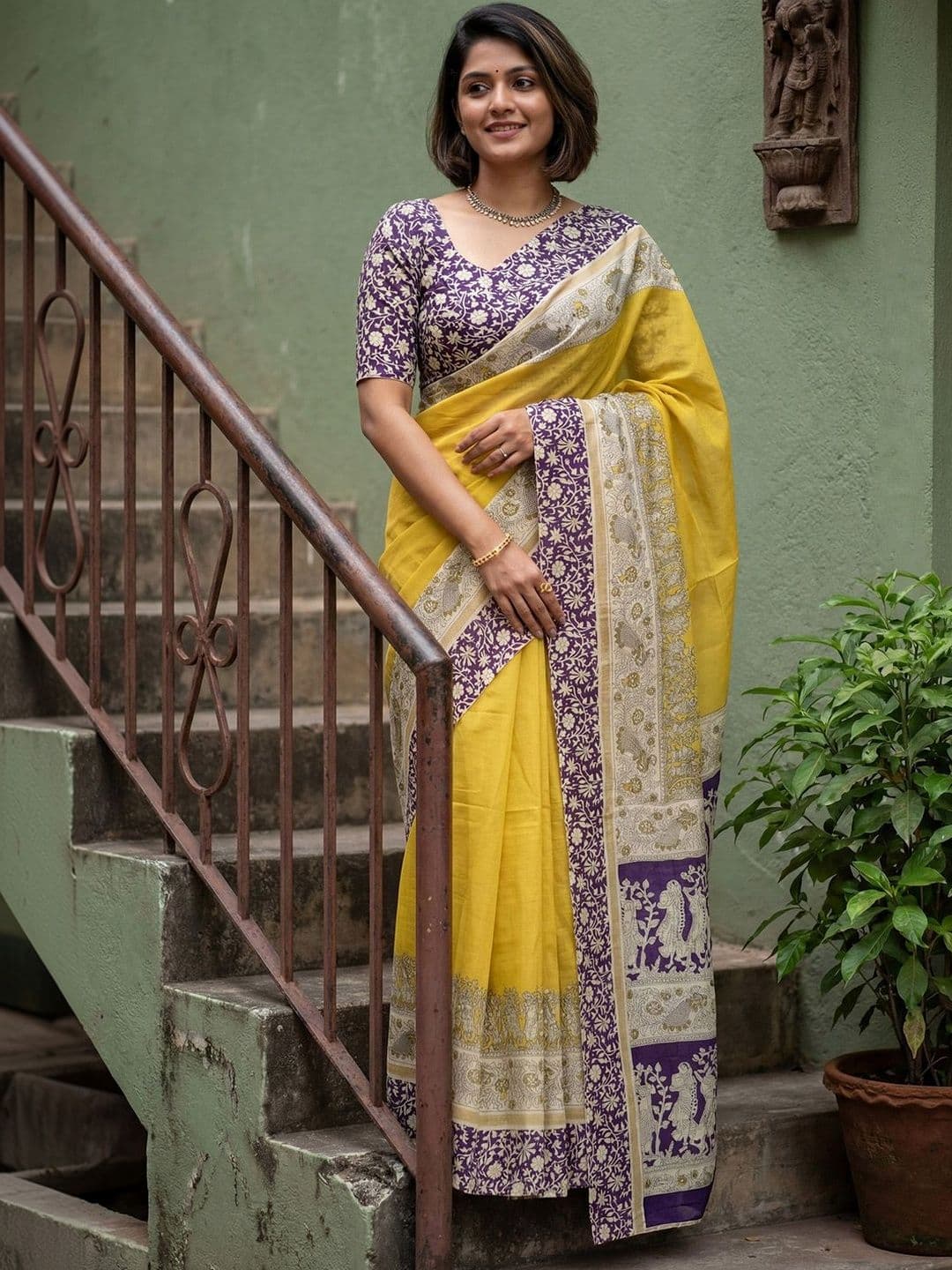 Saree mall Ethnic Motifs Block Printed Cotton Blend Sarees - view 1