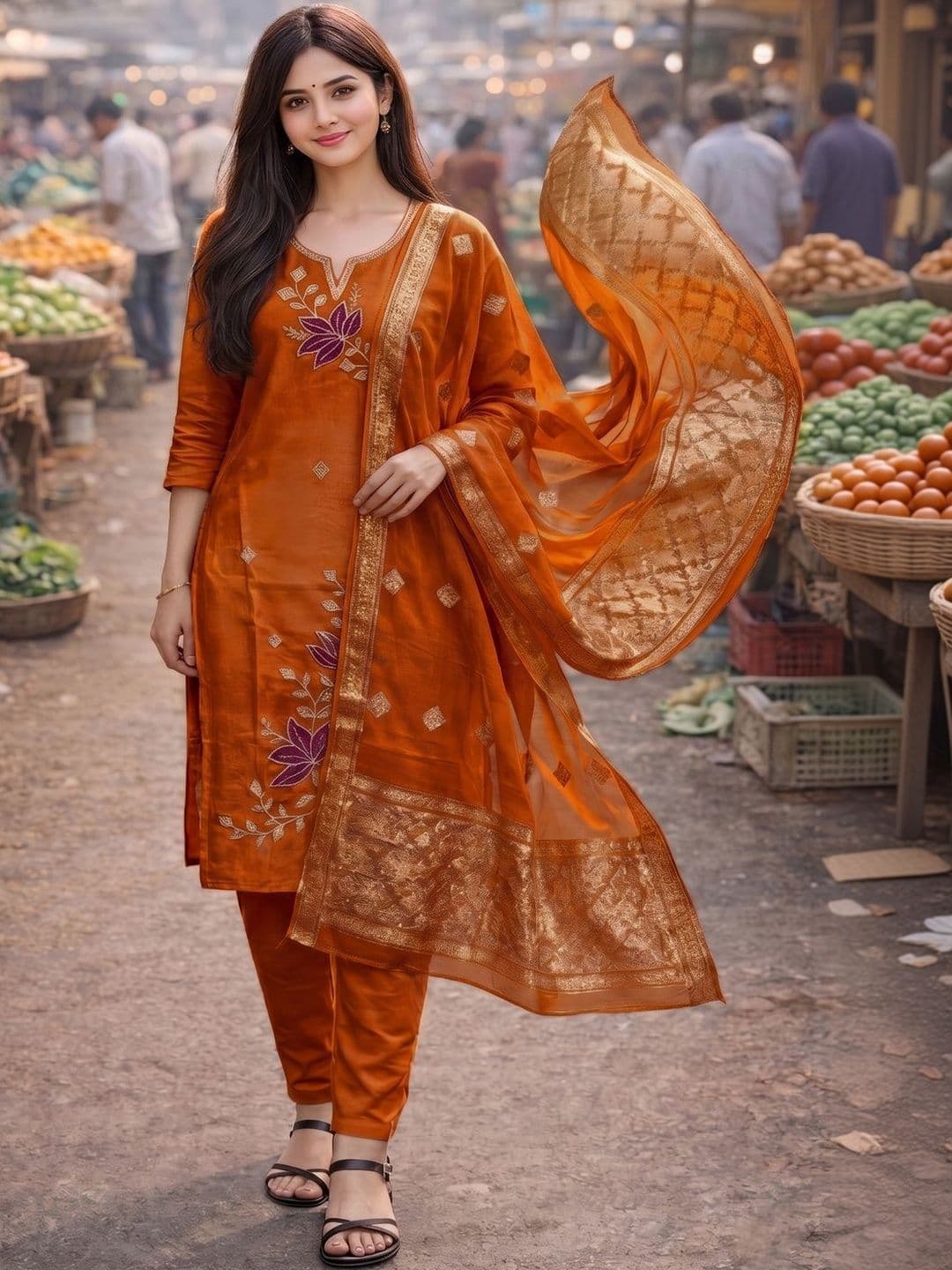Anushansa Women Ethnic Motifs Embroidered Regular Thread Work Kurta with Trousers & With Dupatta - view 1