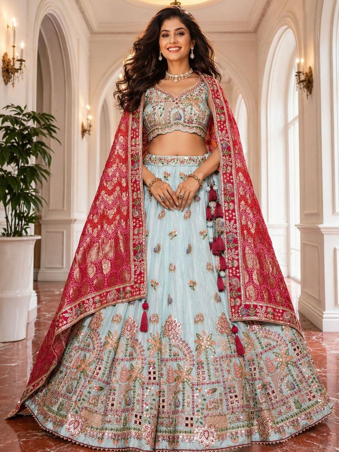 panchhi Embellished Mirror Work Semi-Stitched Lehenga & Blouse With Dupatta - view 1