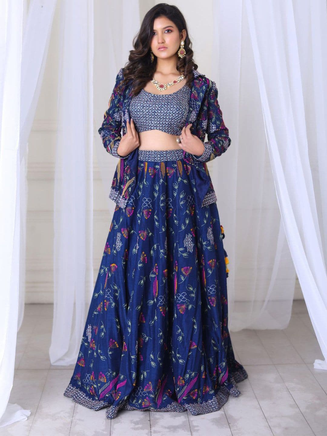 SAMAD ATELIER Hand Embroidered Navy Blue Lehenga With Blouse & Blazer - view 1
