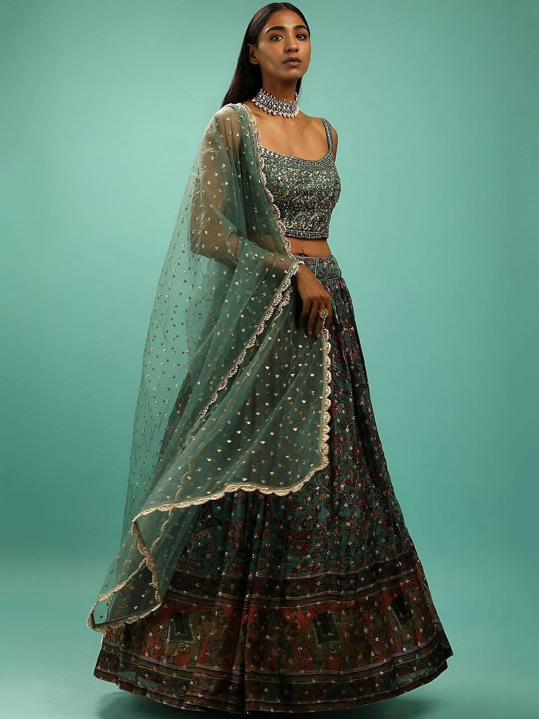 ETHNIC PLUS Embroidery Green Embellished Sequinned Semi-Stitched Lehenga & Blouse With Dupatta - view 1