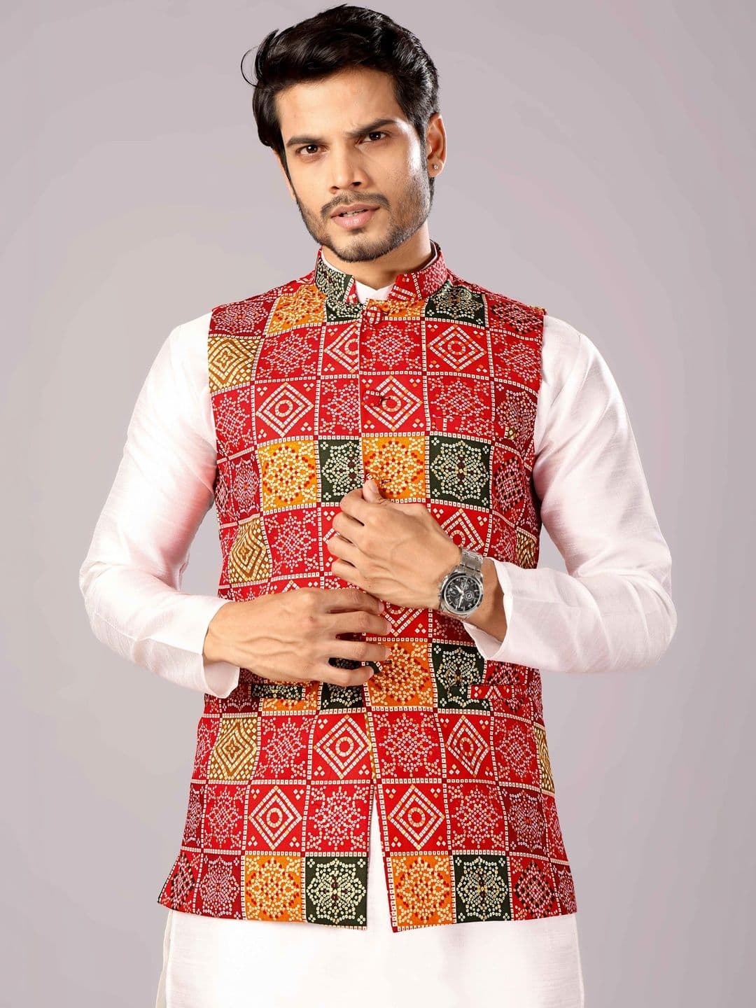 MODERN MUGHALS Printed Mandarin Collar Sleeveless Nehru Jackets - view 1