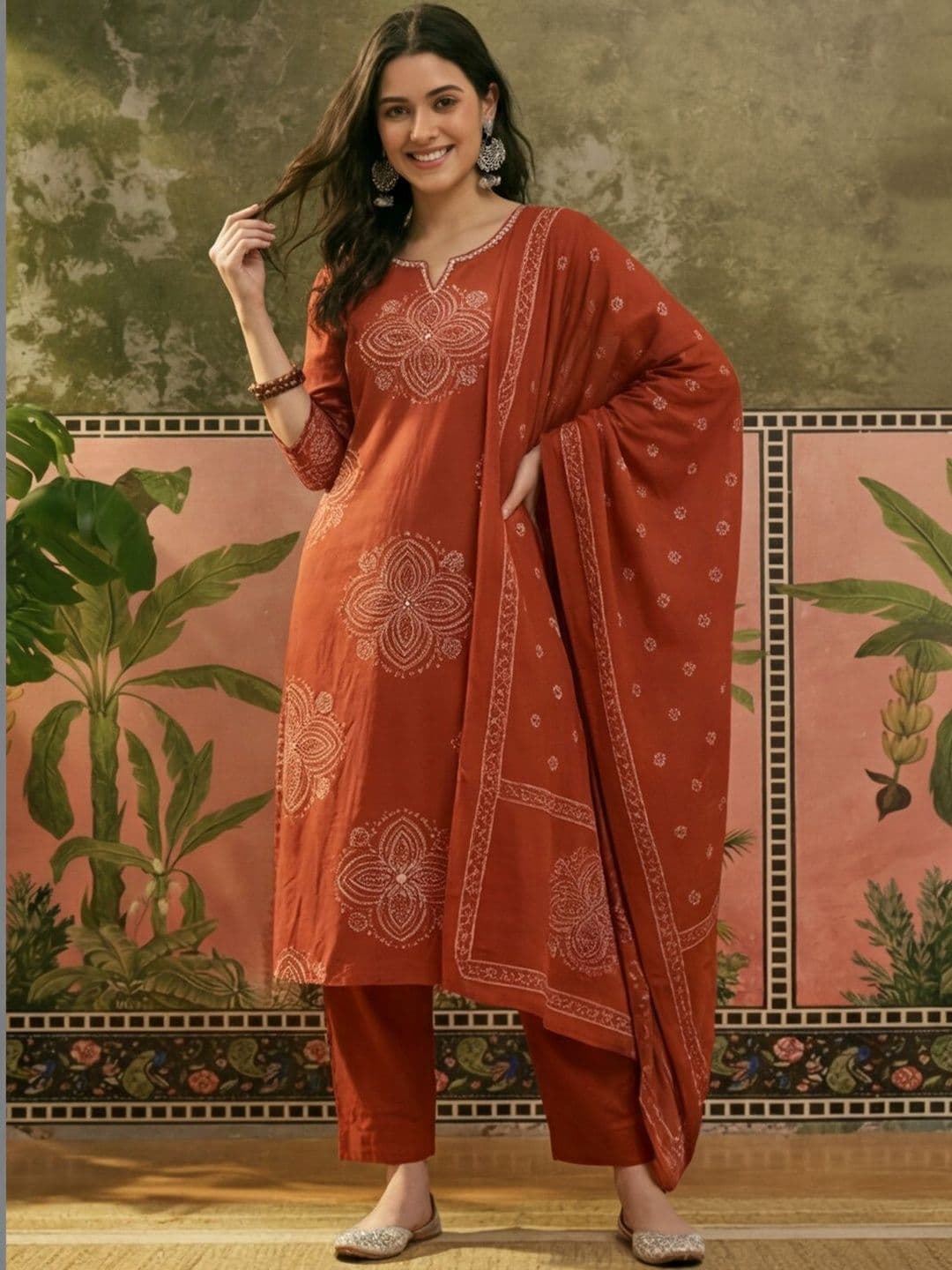 Sangria Embroidered Pure Cotton Round Neck Kurta & Trousers With Dupatta - view 1