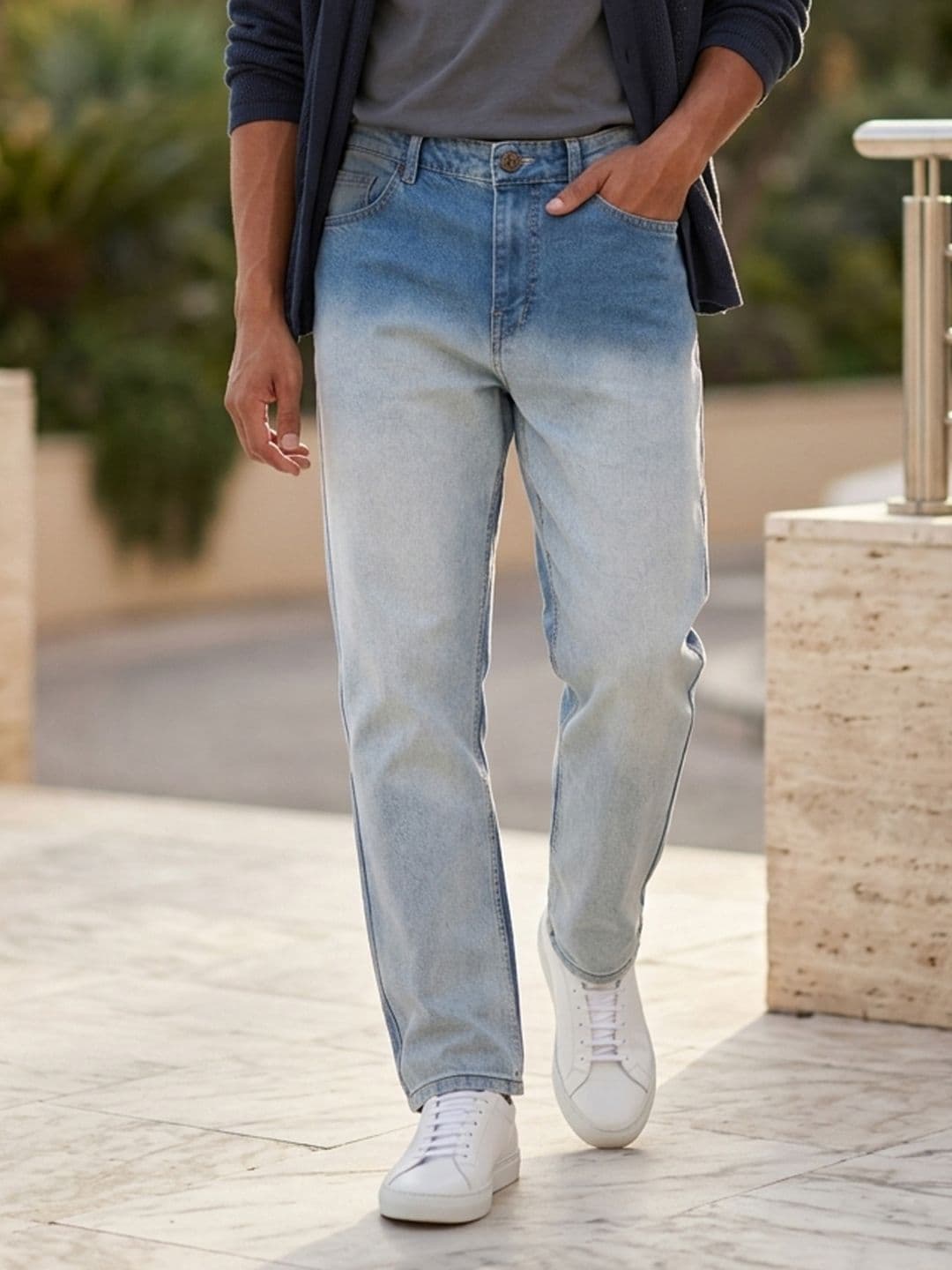 Urbano Fashion Men Light Blue Straight Fit Heavy Washed Faded Denim Stretchable Jeans - view 1