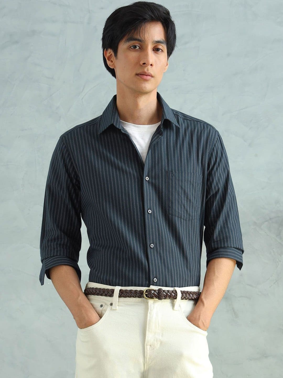 Arrow Slim Fit Striped Pure Cotton Casual Shirt - view 1