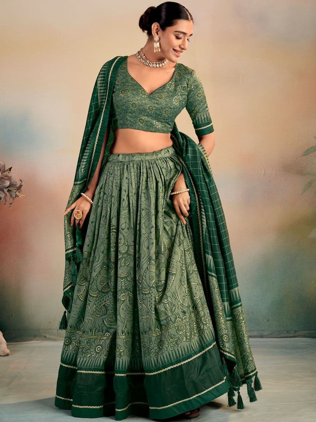 SOURAGYA Embellished Thread Work Kalamkari Semi-Stitched Lehenga & Blouse With Dupatta - view 1