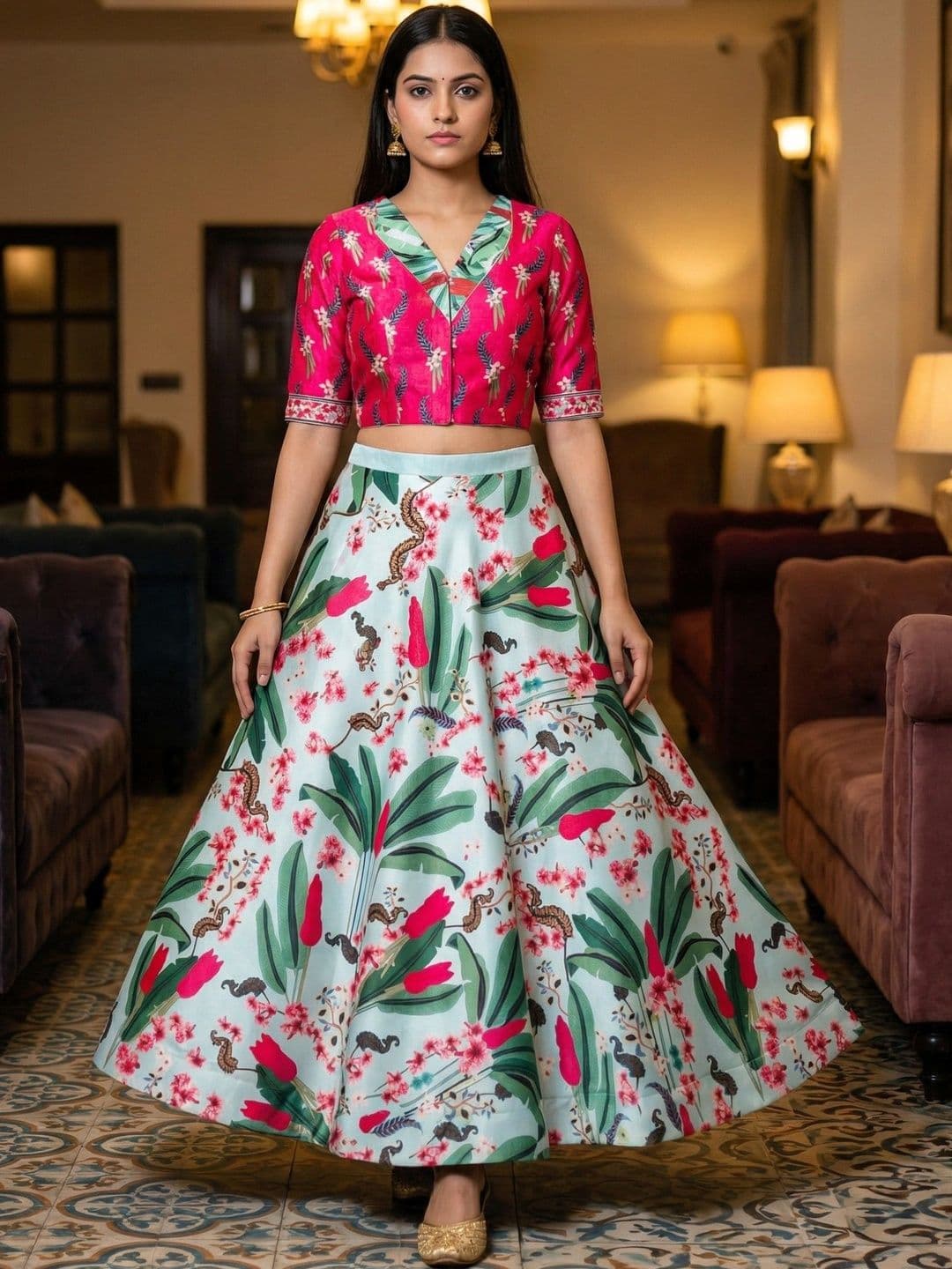 Kaizen TEXO FAB Multicolour Semistitched Croptop Choli With Unstitched Blouse - view 1