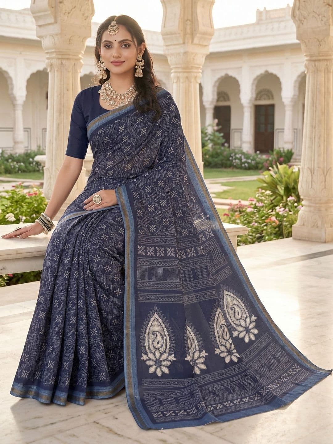 HERE&NOW X Minu Fashions Ethnic Motifs Printed Pure Cotton Block Print Saree - view 1