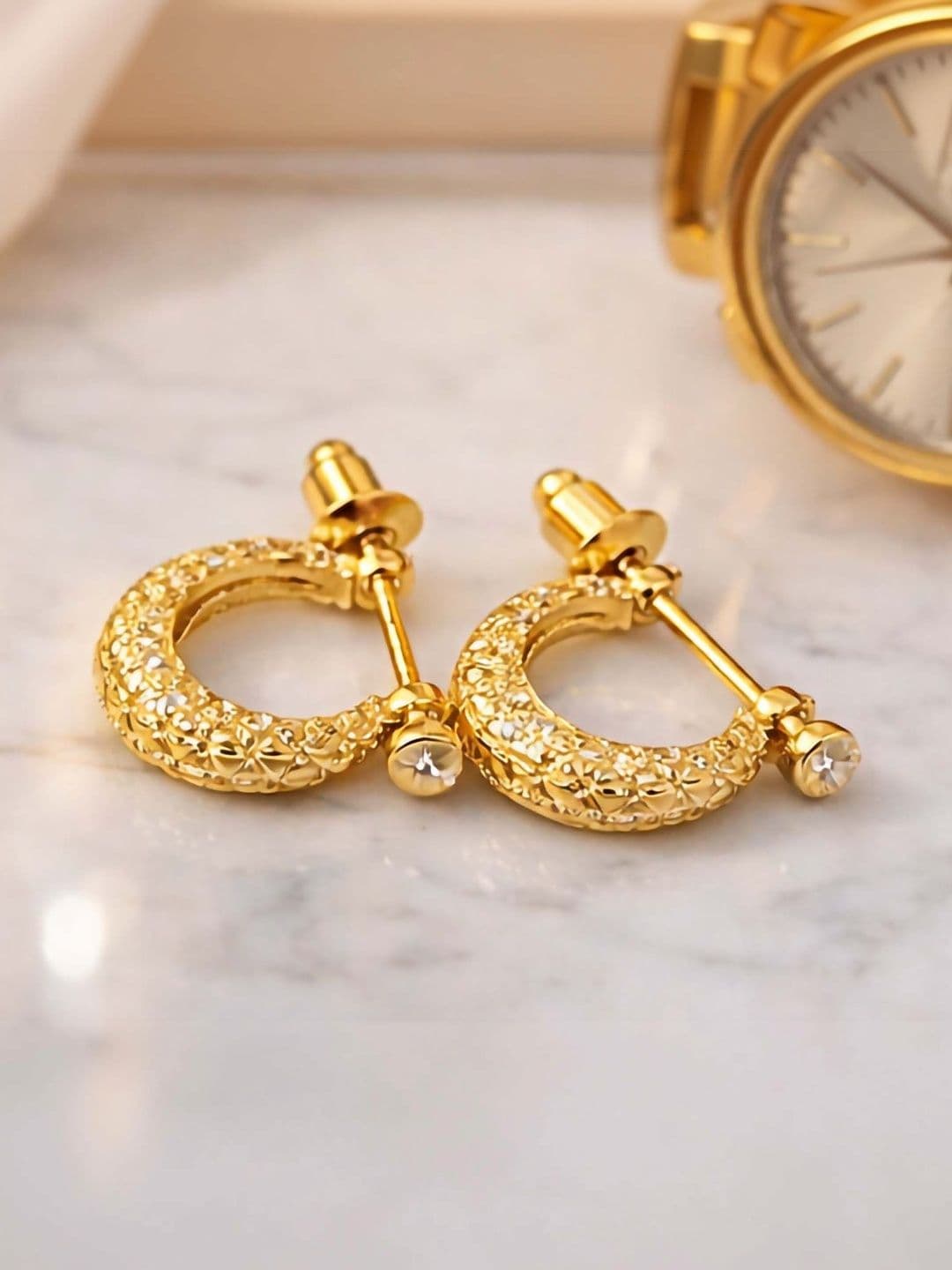 De-Ultimate Men Stainless Steel Gold-Plated Cubic Zirconia Crescent Half Hoop Earrings - view 1