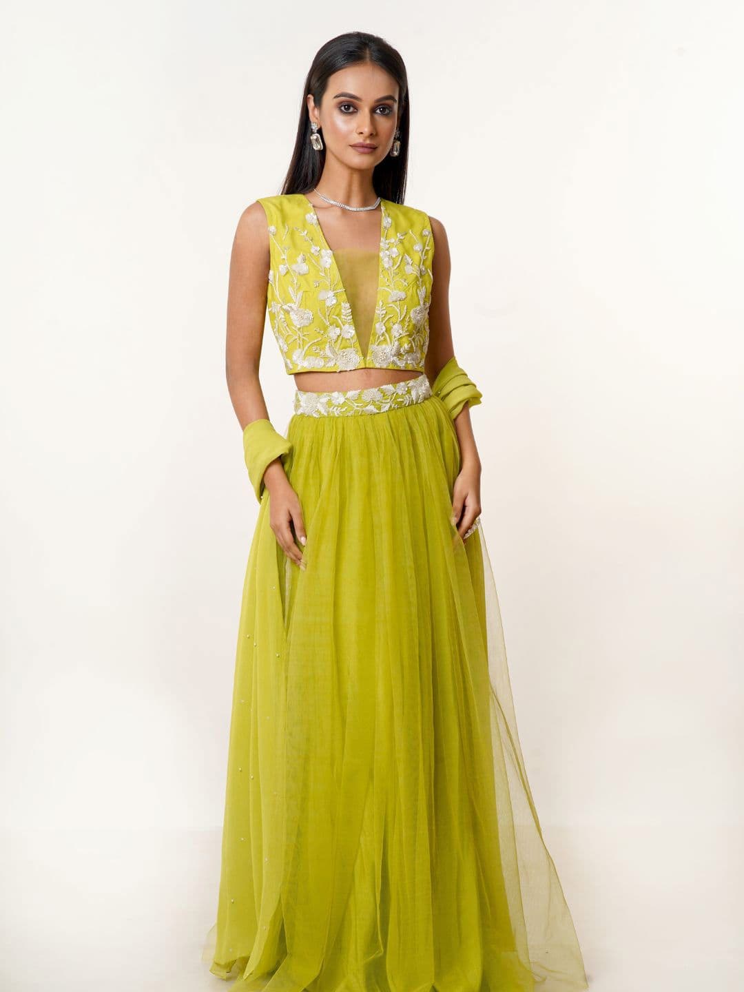 SAMAD ATELIER Lime Green Hand Embroidered Net Blouse Paired with Matching Net Skirt - view 1