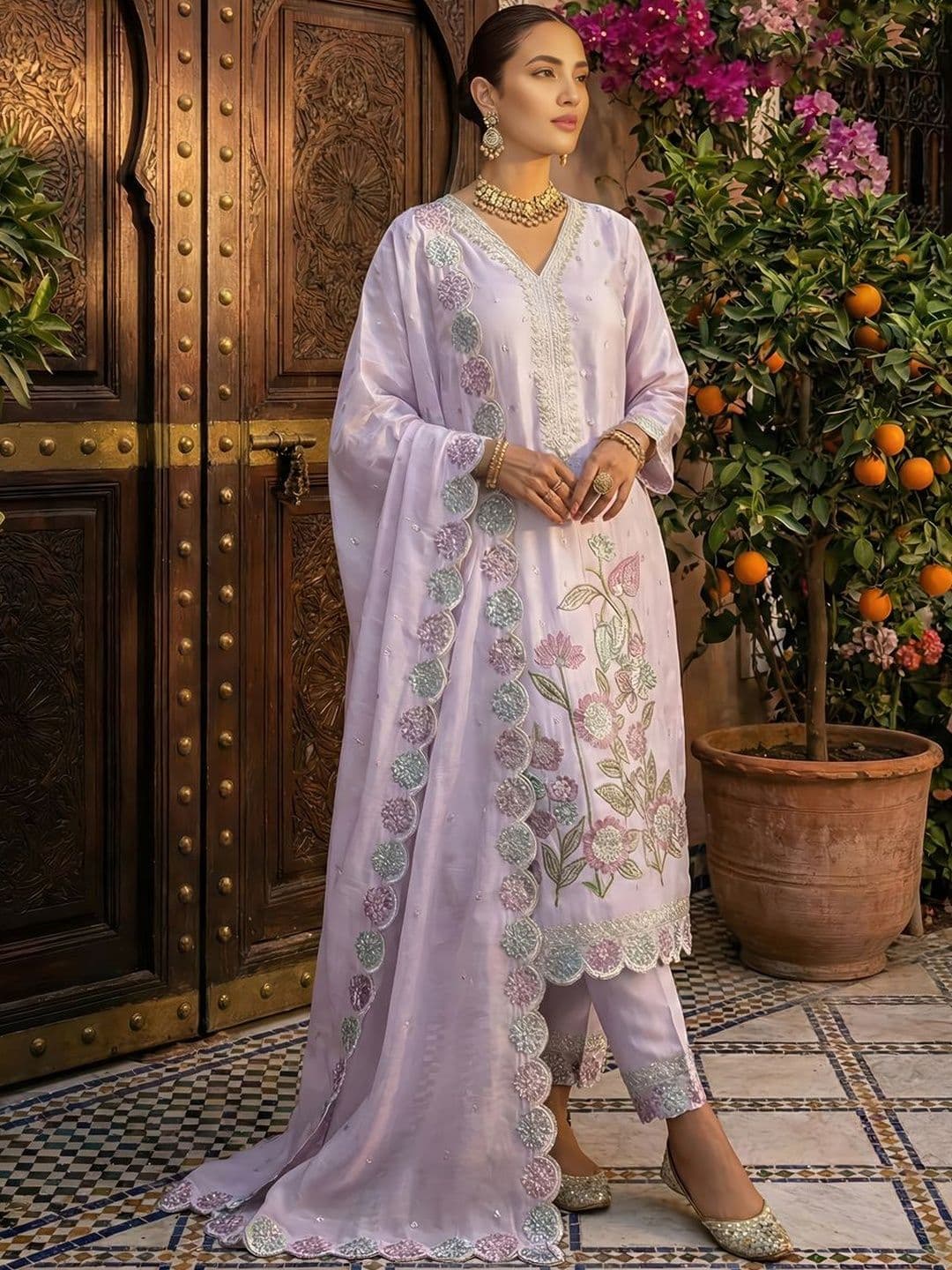 Anushansa Women Ethnic Motifs Embroidered Regular Thread Work Kurta with Trousers & With Dupatta - view 1