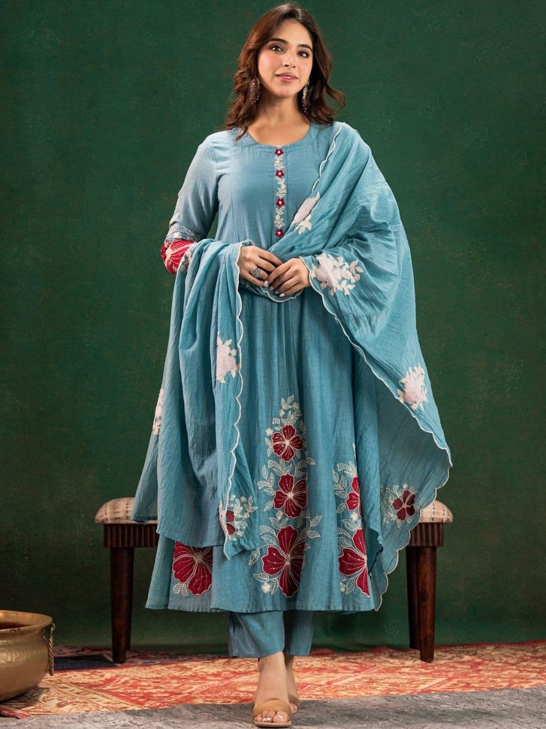 Puretouch Women Floral Embroidered Panelled Thread Work Chanderi Silk Kurta with Trousers & With Dupatta - view 1