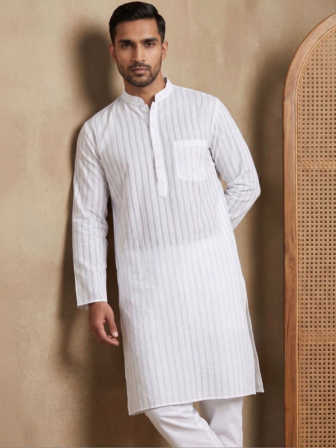 House of Pataudi Striped Mandarin Collar Knee Length Straight Kurta - view 1