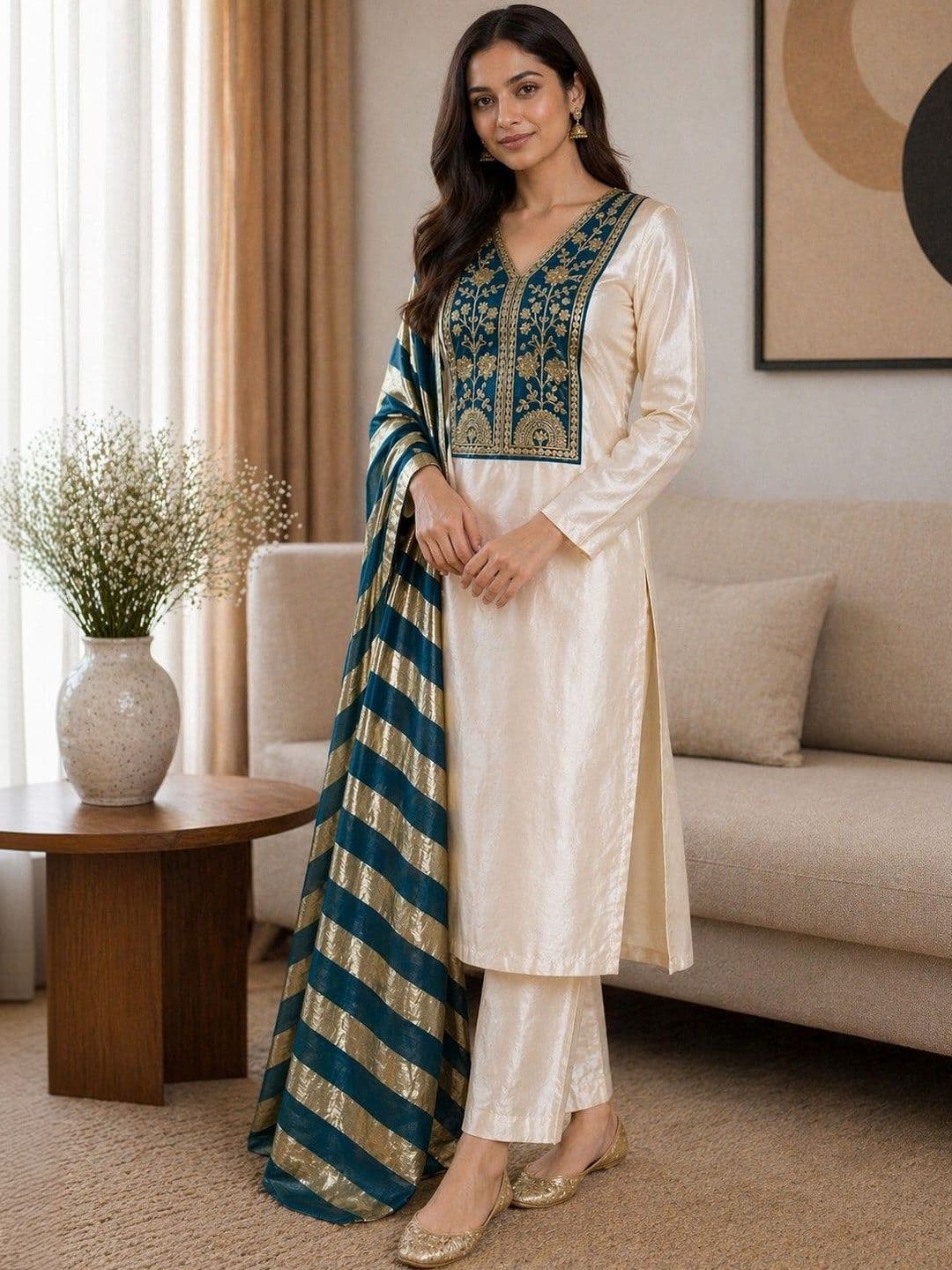 Chandbaali Women Ethnic Motifs Embroidered Regular Thread Work Kurta with Trousers & With Dupatta - view 1