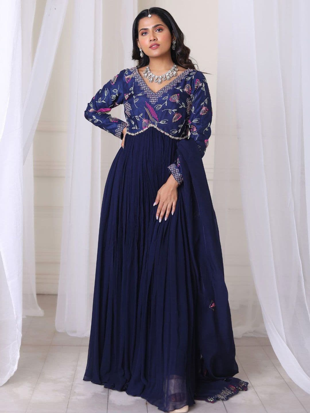SAMAD ATELIER Hand Embroidered Navy Blue Skirt With Blouse & Frill Duppatta - view 1