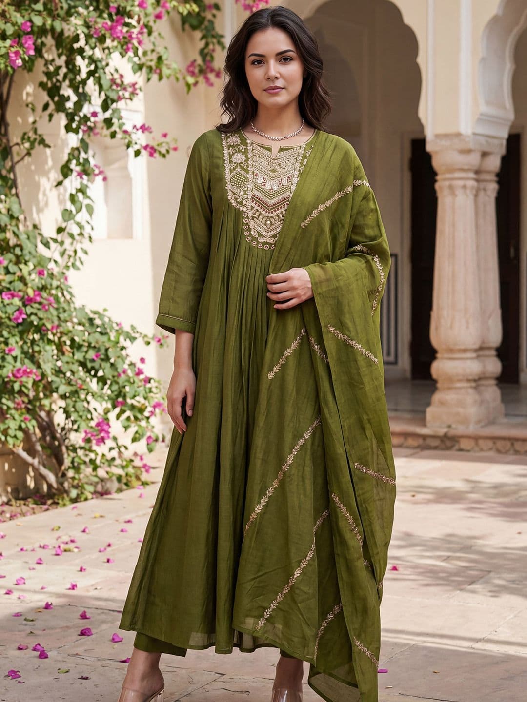 Royal Export Women Ethnic Motifs Embroidered Pleated Thread Work Kurta with Trousers & With Dupatta - view 1
