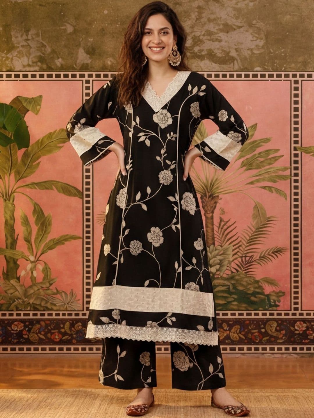 Sangria Printed Pure Cotton V-Neck Kurta & Palazzos - view 1