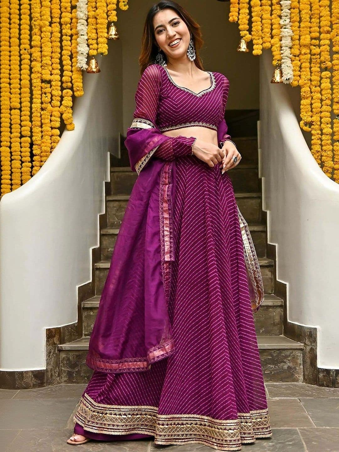 ETHNIC PLUS Purple Semi-Stitched Georgette Lehenga & Blouse With Dupatta - view 1