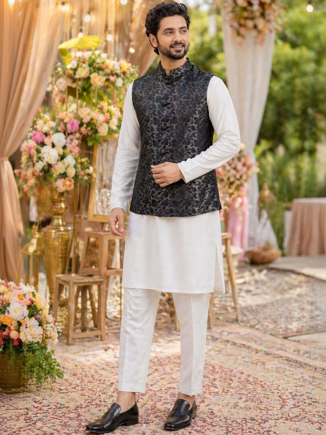 House of Pataudi Floral Textured Mandarin Collar Nehru Jacket - view 1