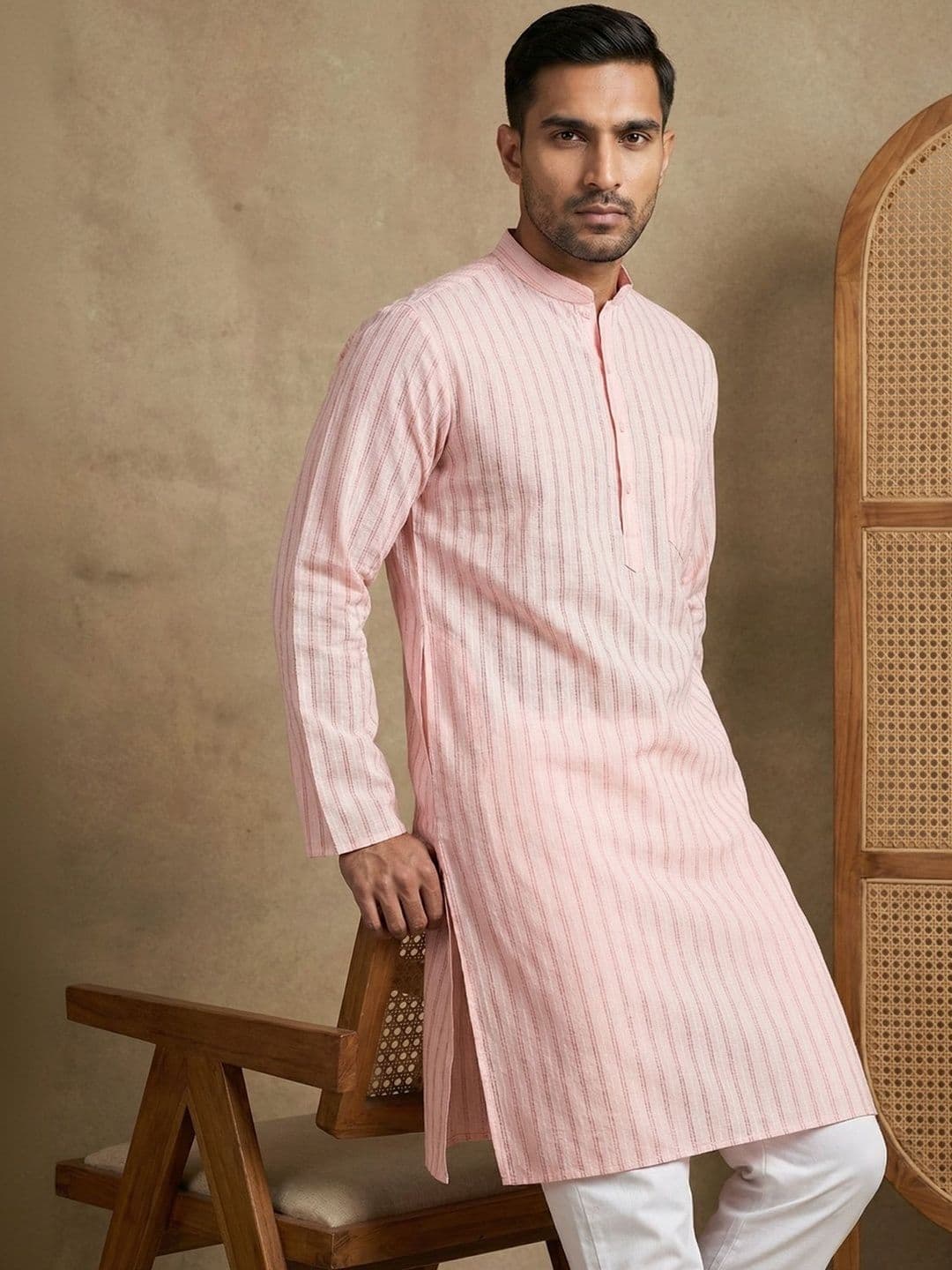 House of Pataudi Striped Mandarin Collar Knee Length Straight Kurta - view 1
