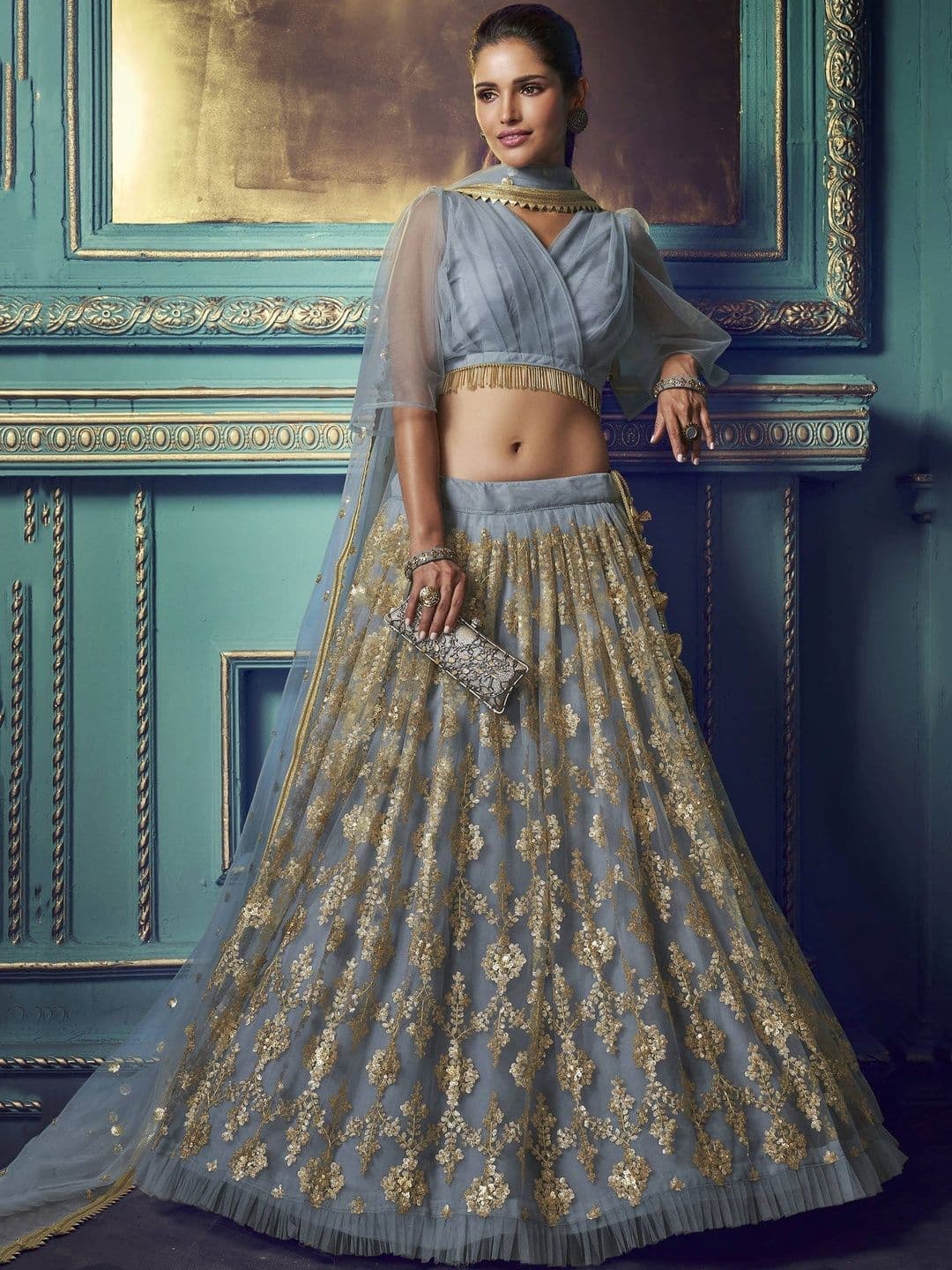 ETHNIC PLUS Embroidered Grey Embellished Sequinned Semi-Stitched Lehenga & Blouse With Dupatta - view 1