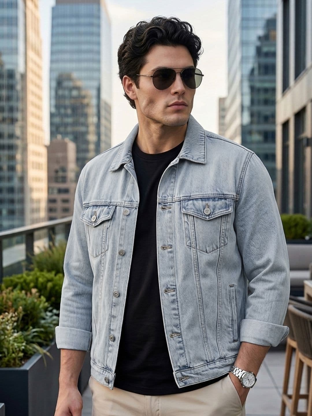Urbano Fashion Men's Light Grey Regular Fit Washed Full Sleeve Denim Jacket